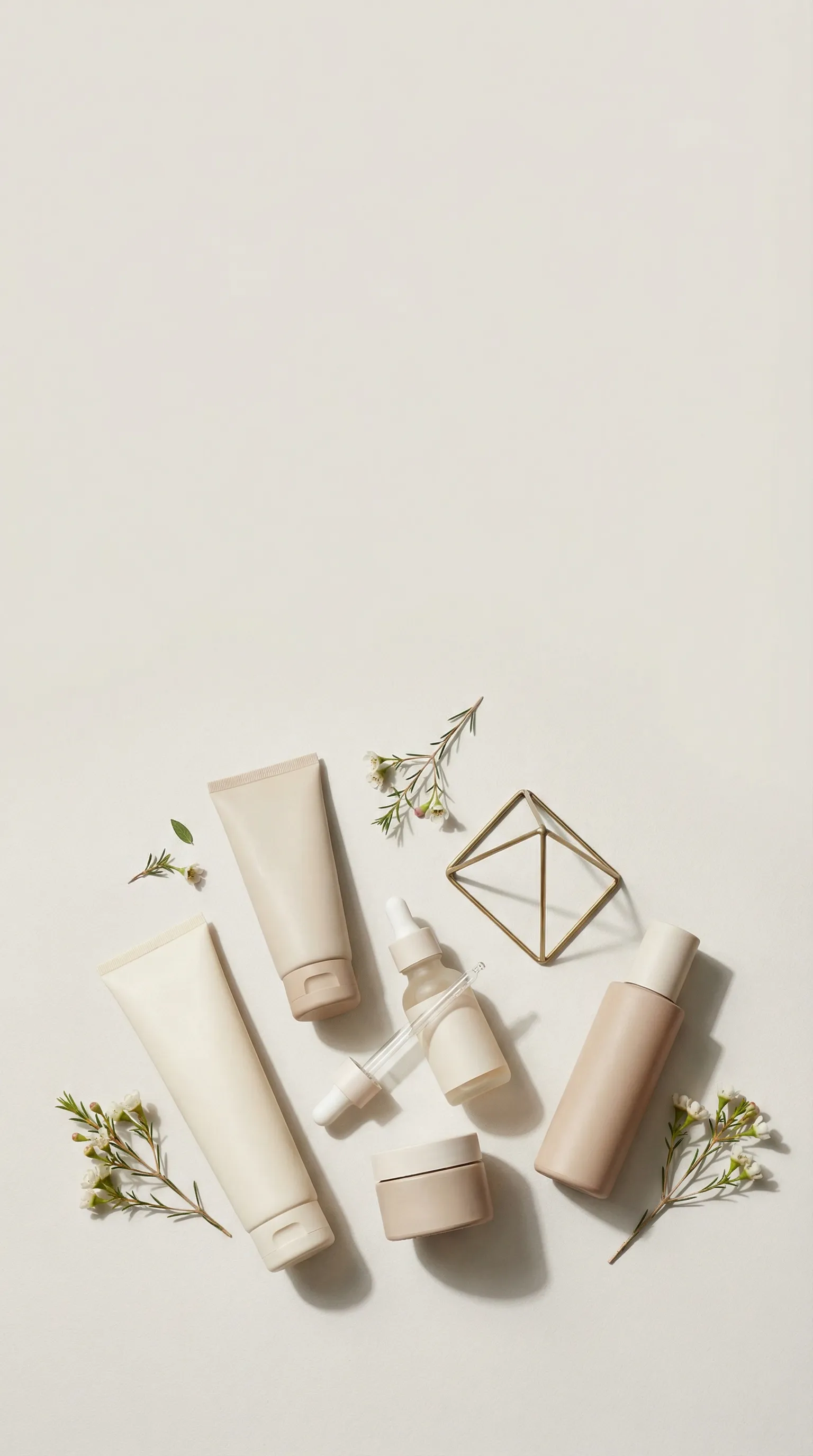 Minimalist skincare products on beige background