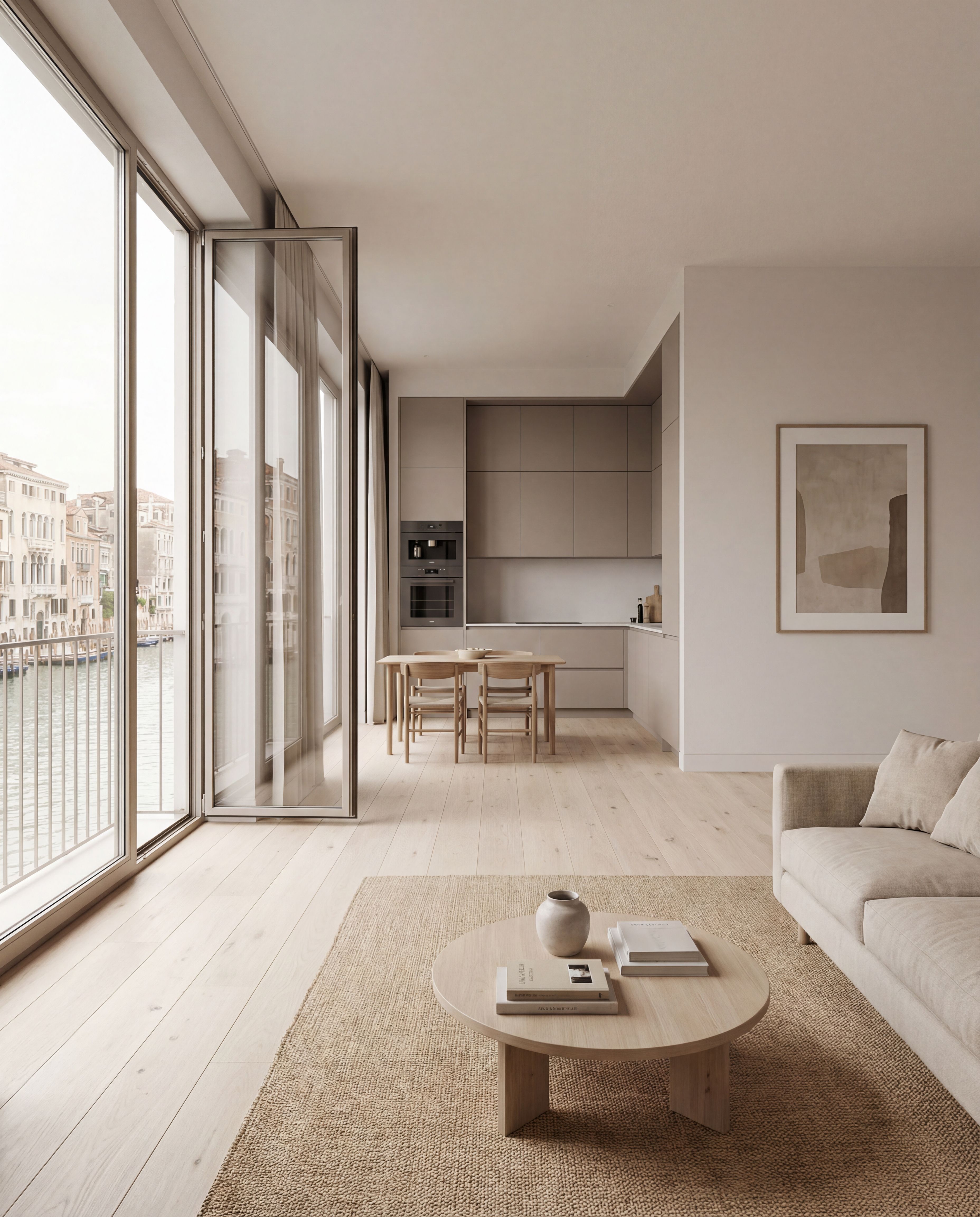 Minimalist Waterfront Living Room and Kitchen