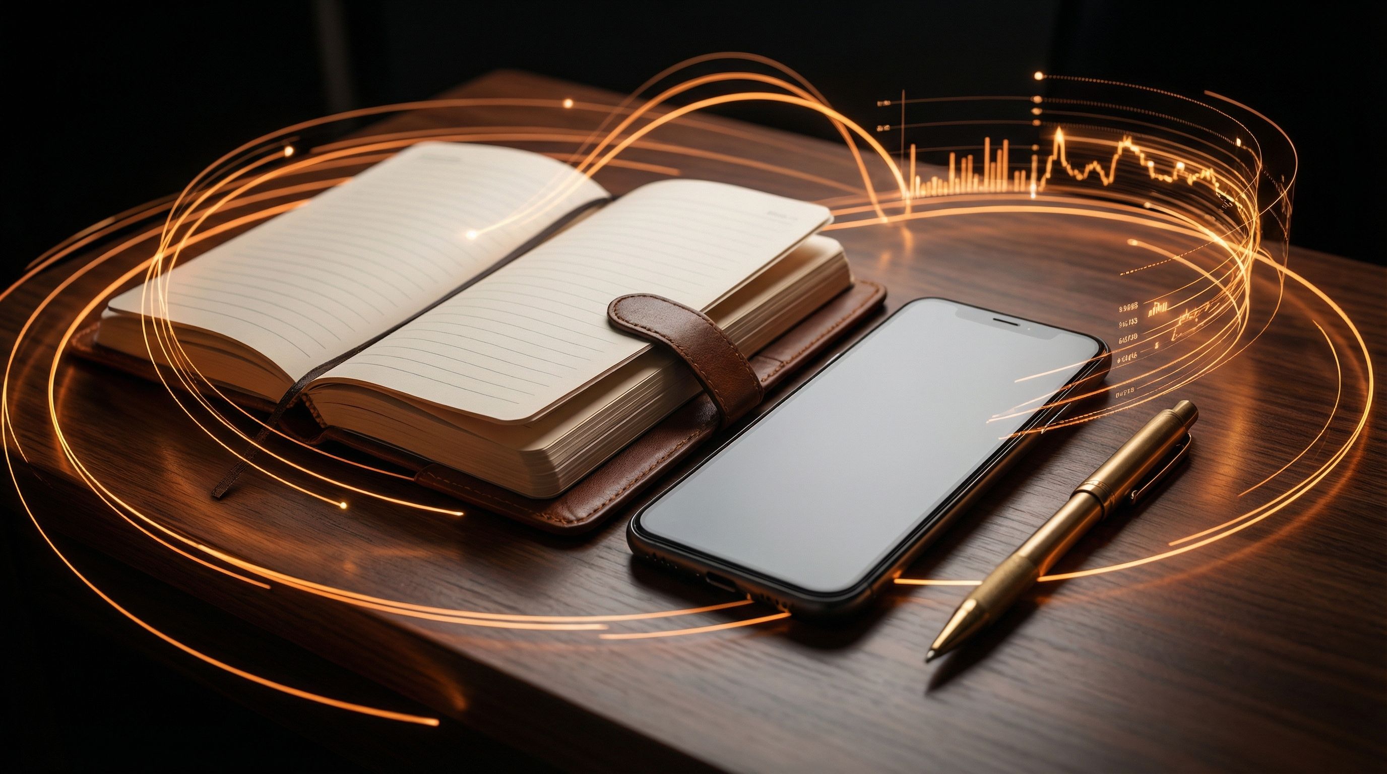 Notebook and smartphone with glowing data trails