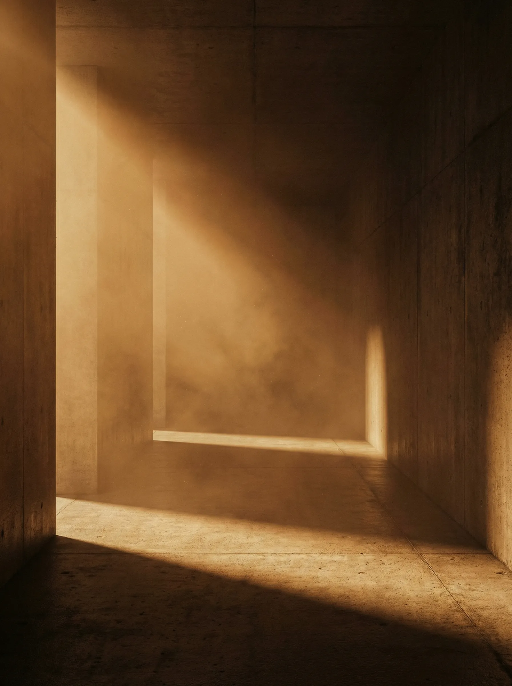 Sunlit concrete corridor with dust and shadows