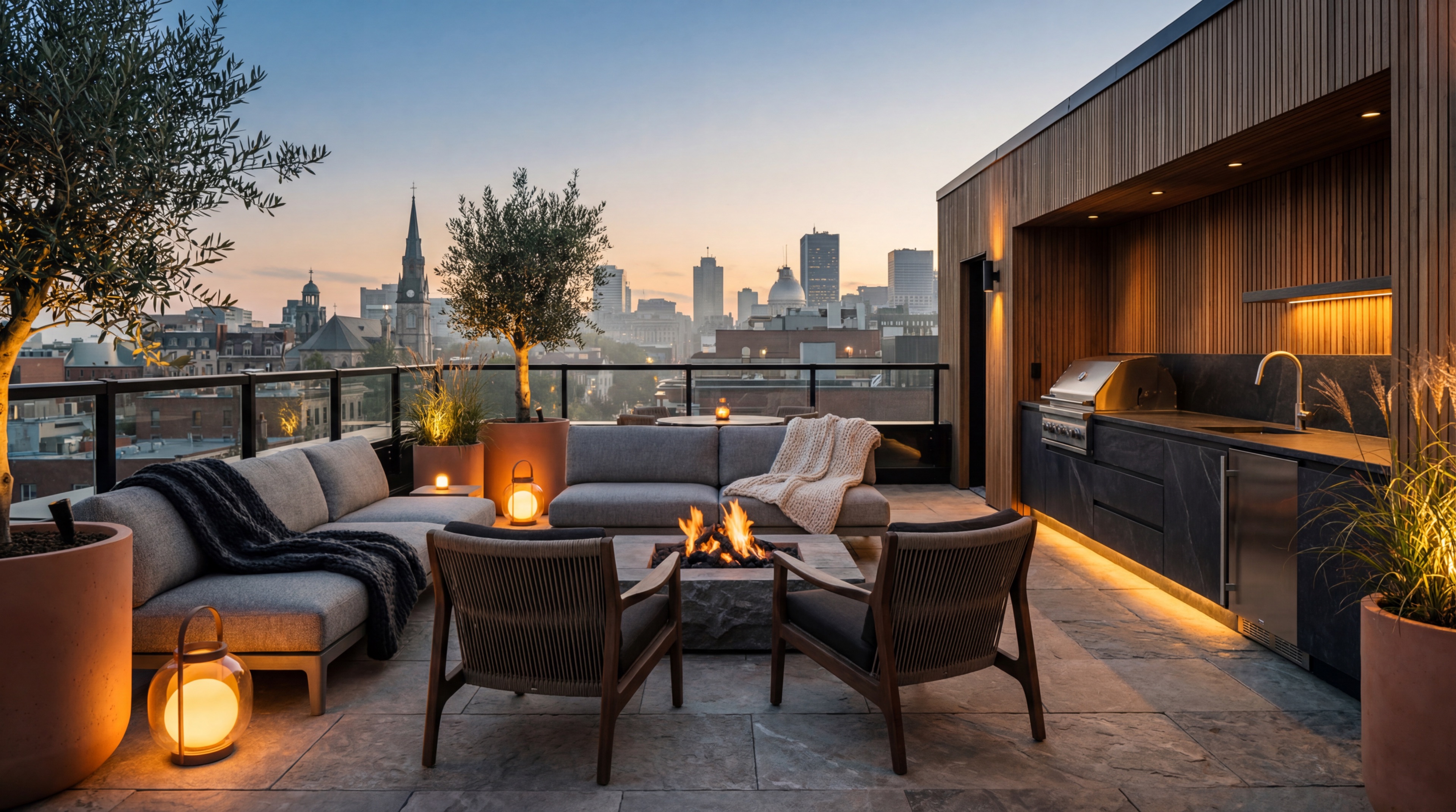 Modern rooftop terrace with fire pit at sunset