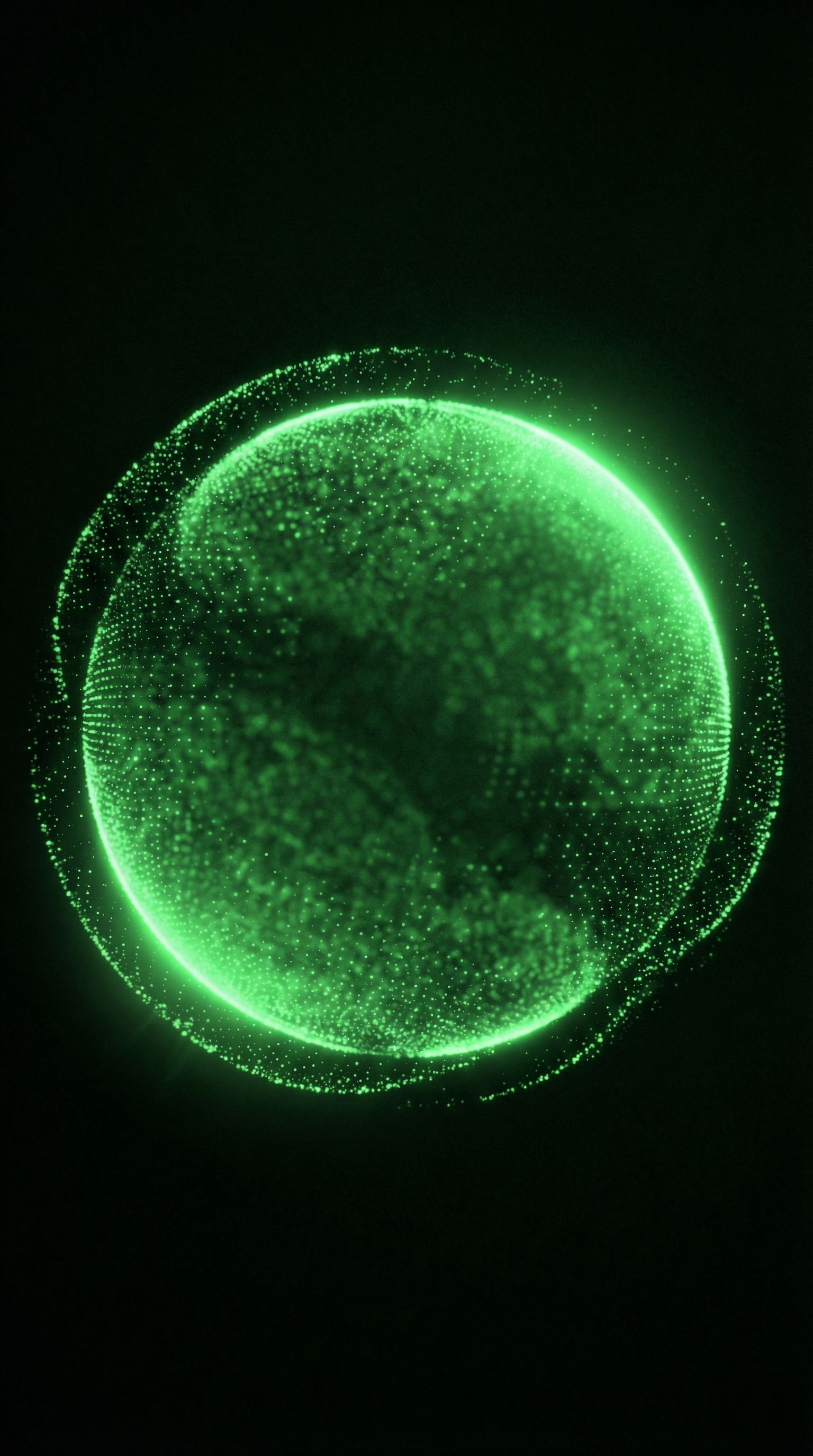 Glowing green digital sphere on dark background