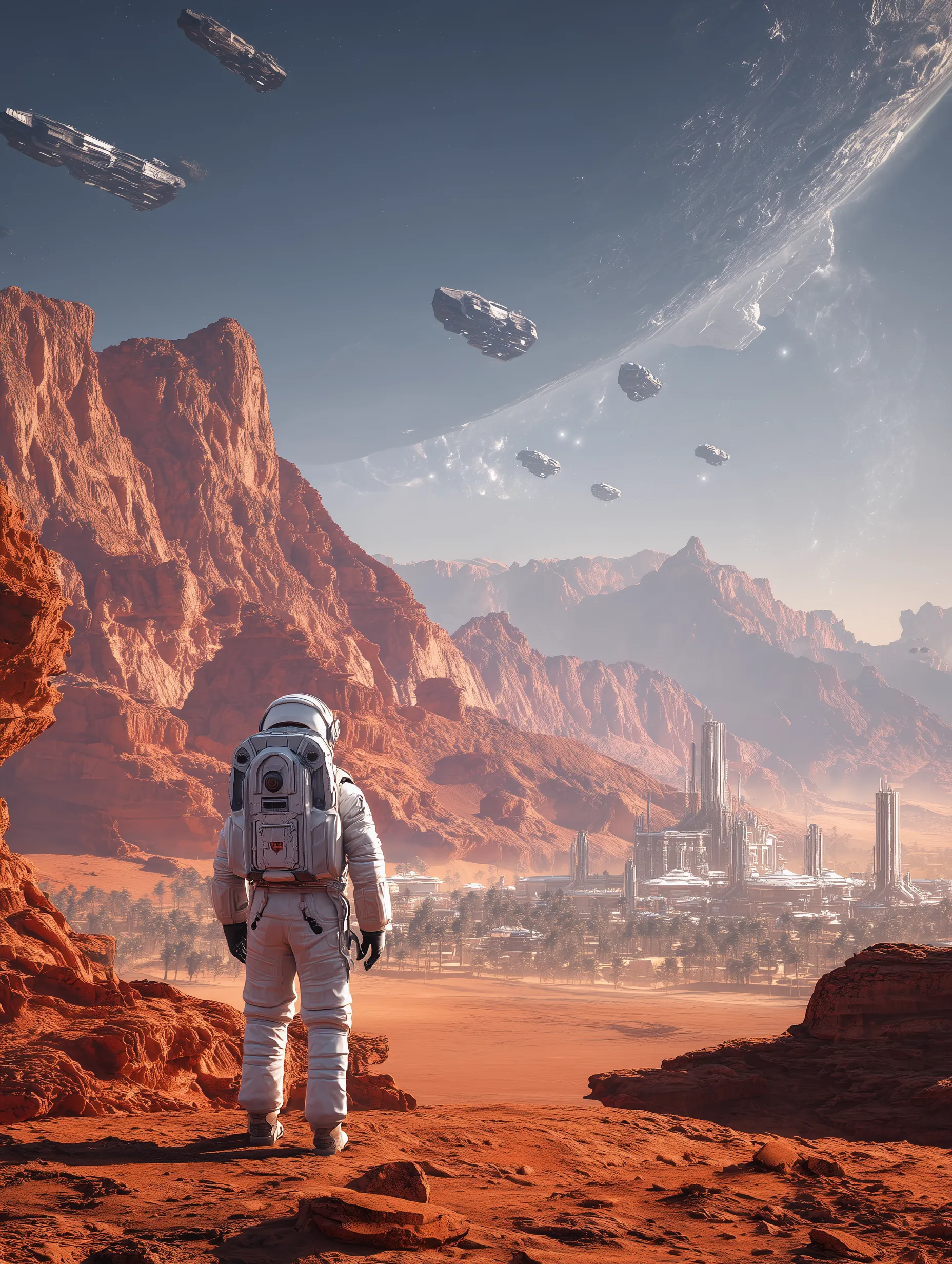 Astronaut Viewing Futuristic Martian Colony