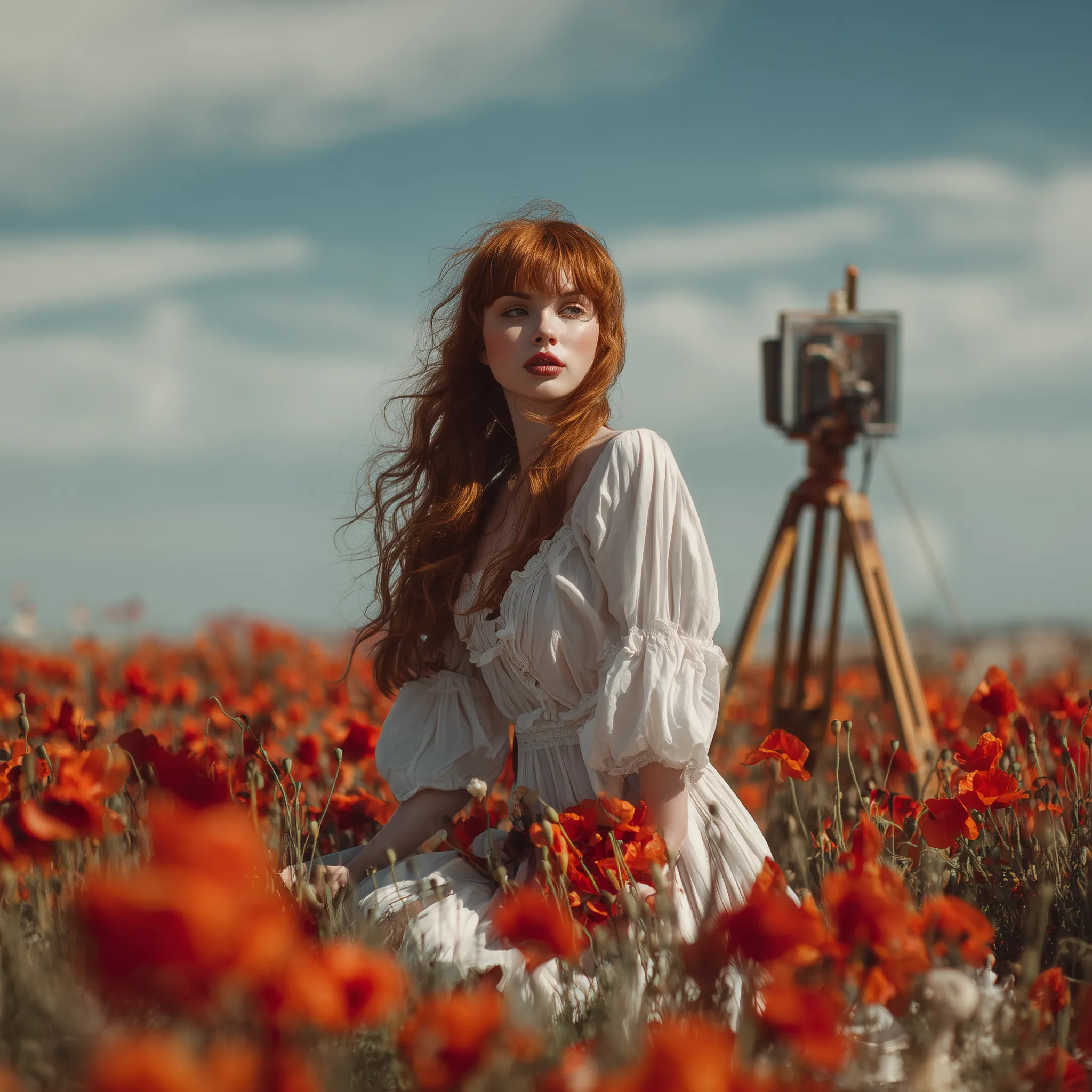 Red-Haired Woman in Poppy Field Portrait
