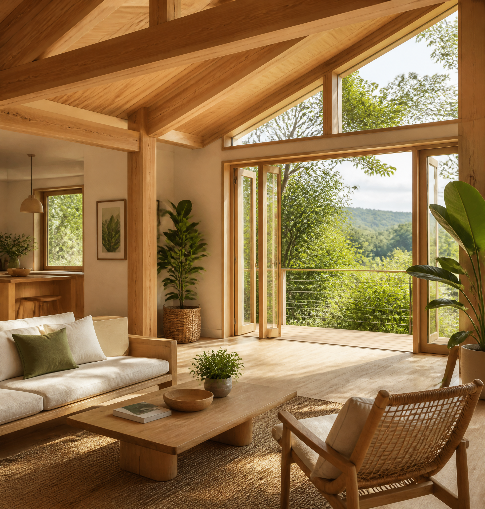 Modern Sunlit Living Room with Exposed Wood Beams