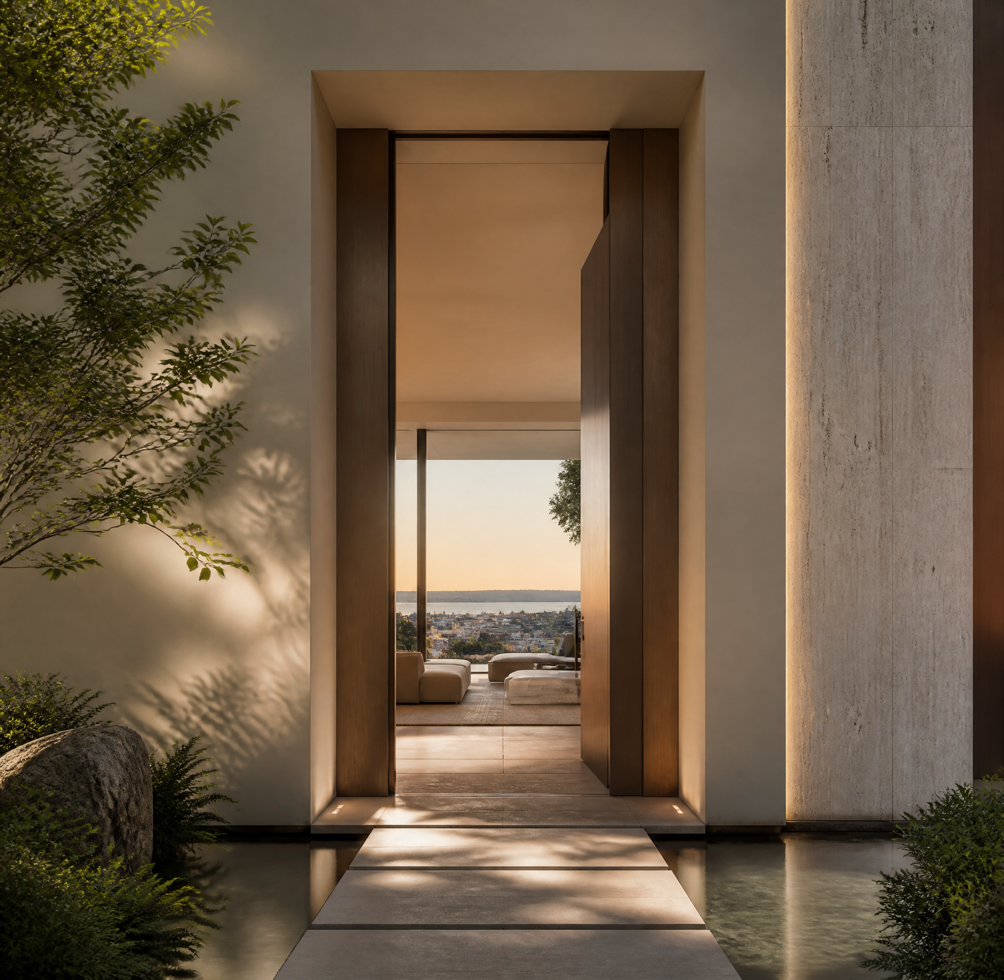 Minimalist Luxury Villa Entrance at Sunset