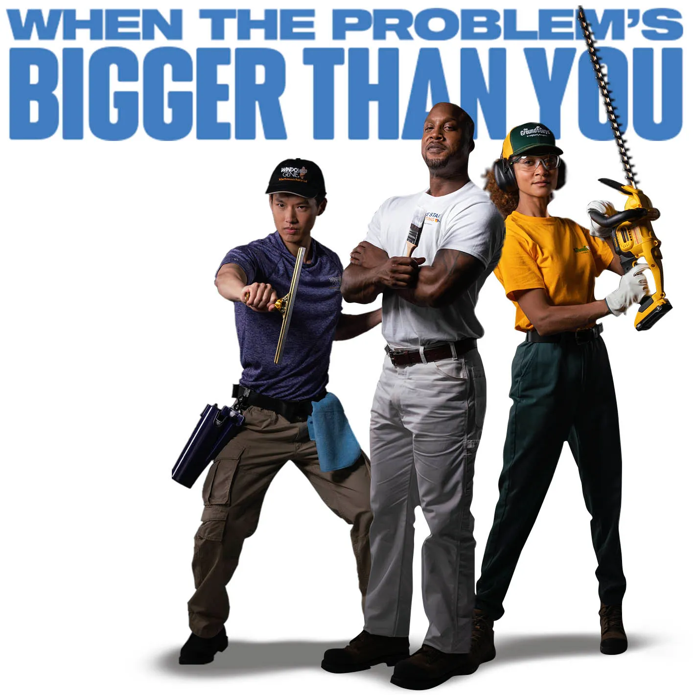 Three service professionals in different trades - plumbing, electrical, and HVAC technicians working together