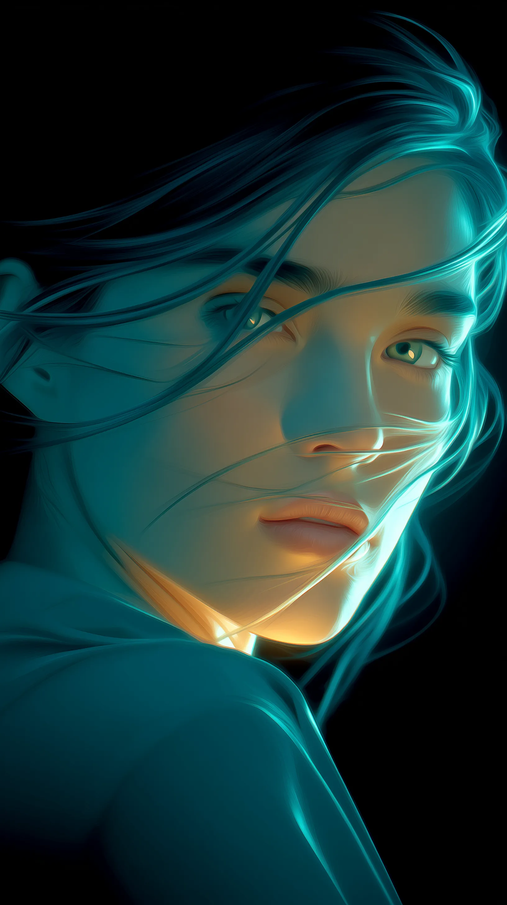 Glowing portrait of woman in teal light