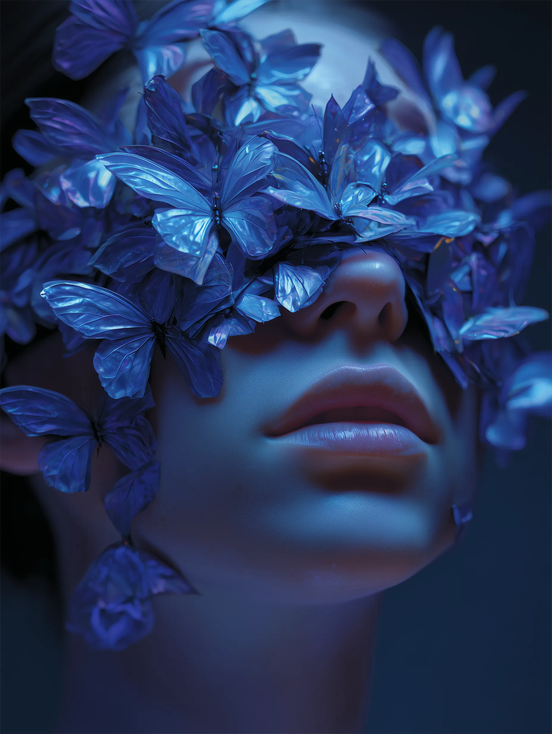 Ethereal Portrait with Blue Butterflies