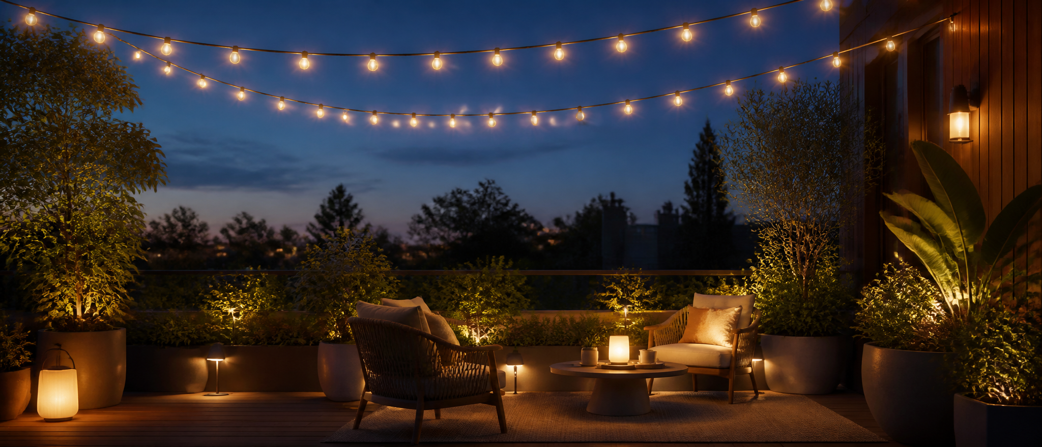 Warm string lights glowing above an evening terrace with plants and chairs