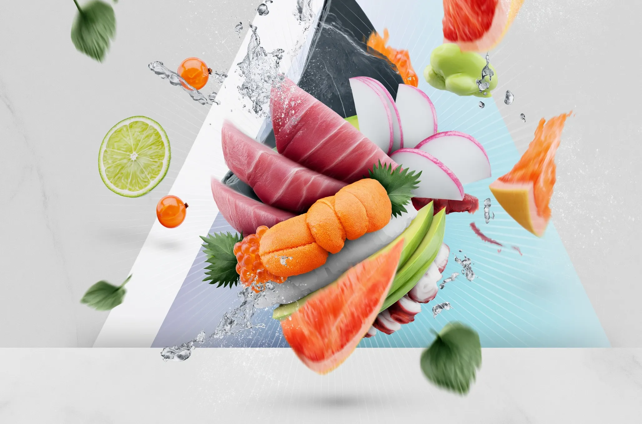 Abstract Floating Sushi and Sashimi Composition
