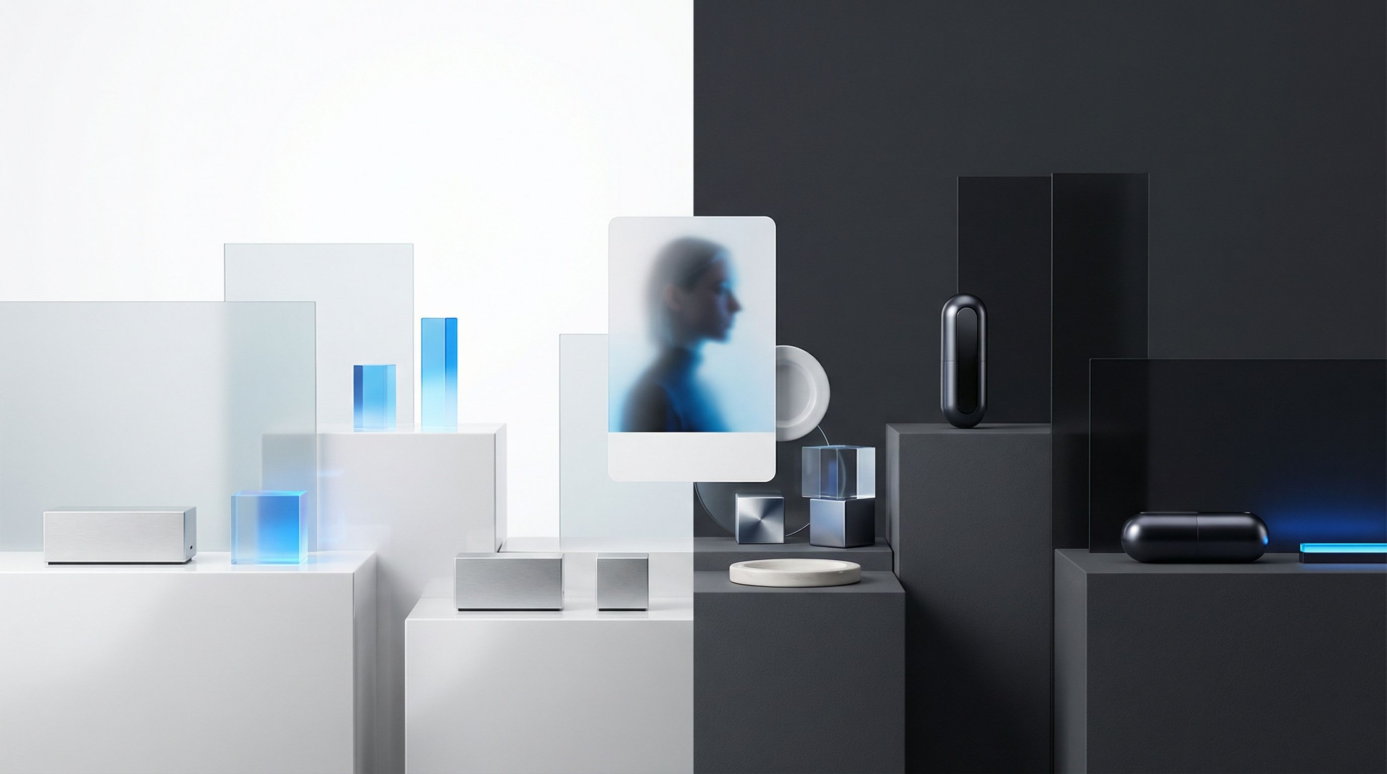 Minimalist tech objects on split light and dark set