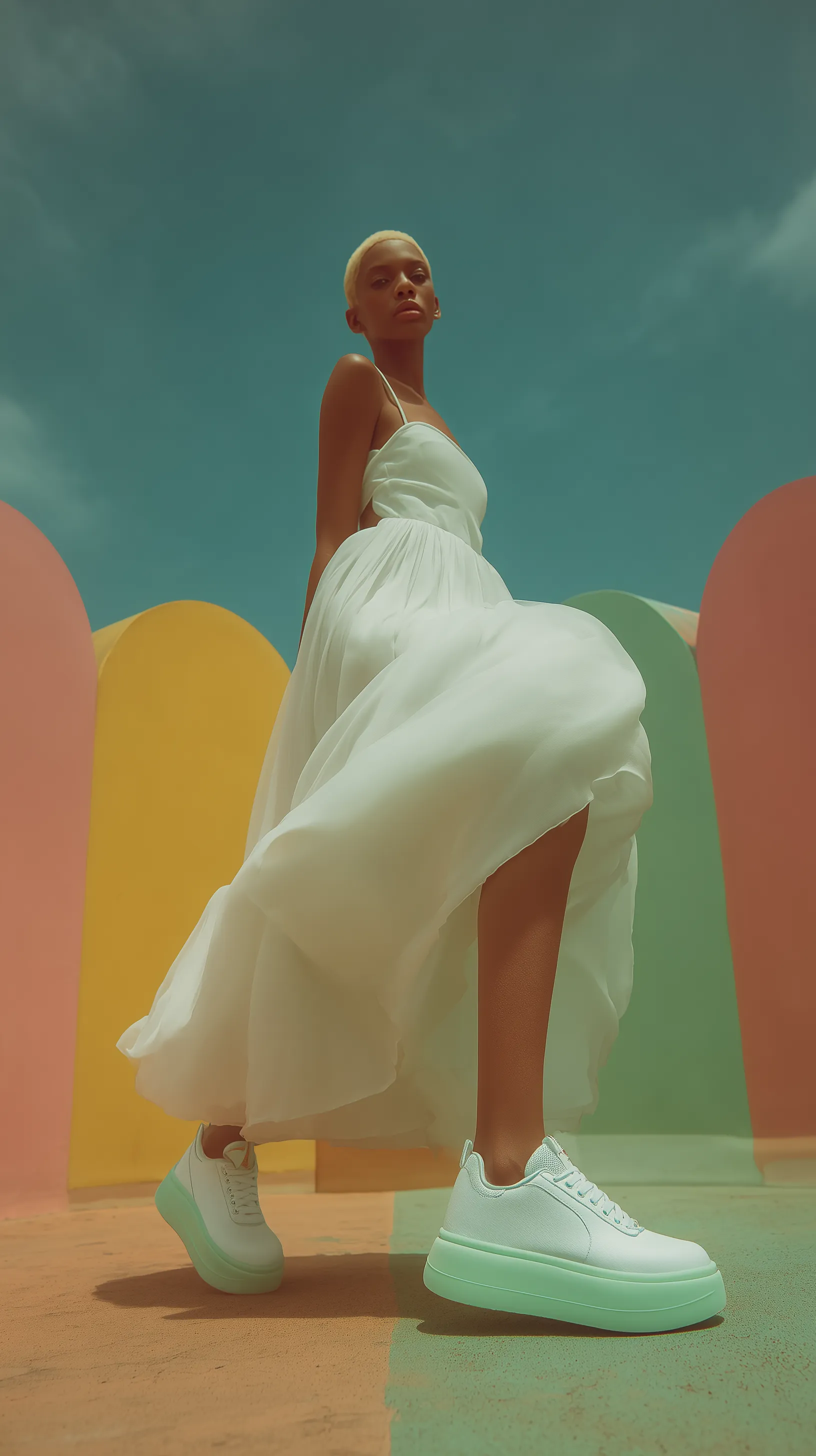 Modern Fashion Shoot with White Dress and Platform Sneakers