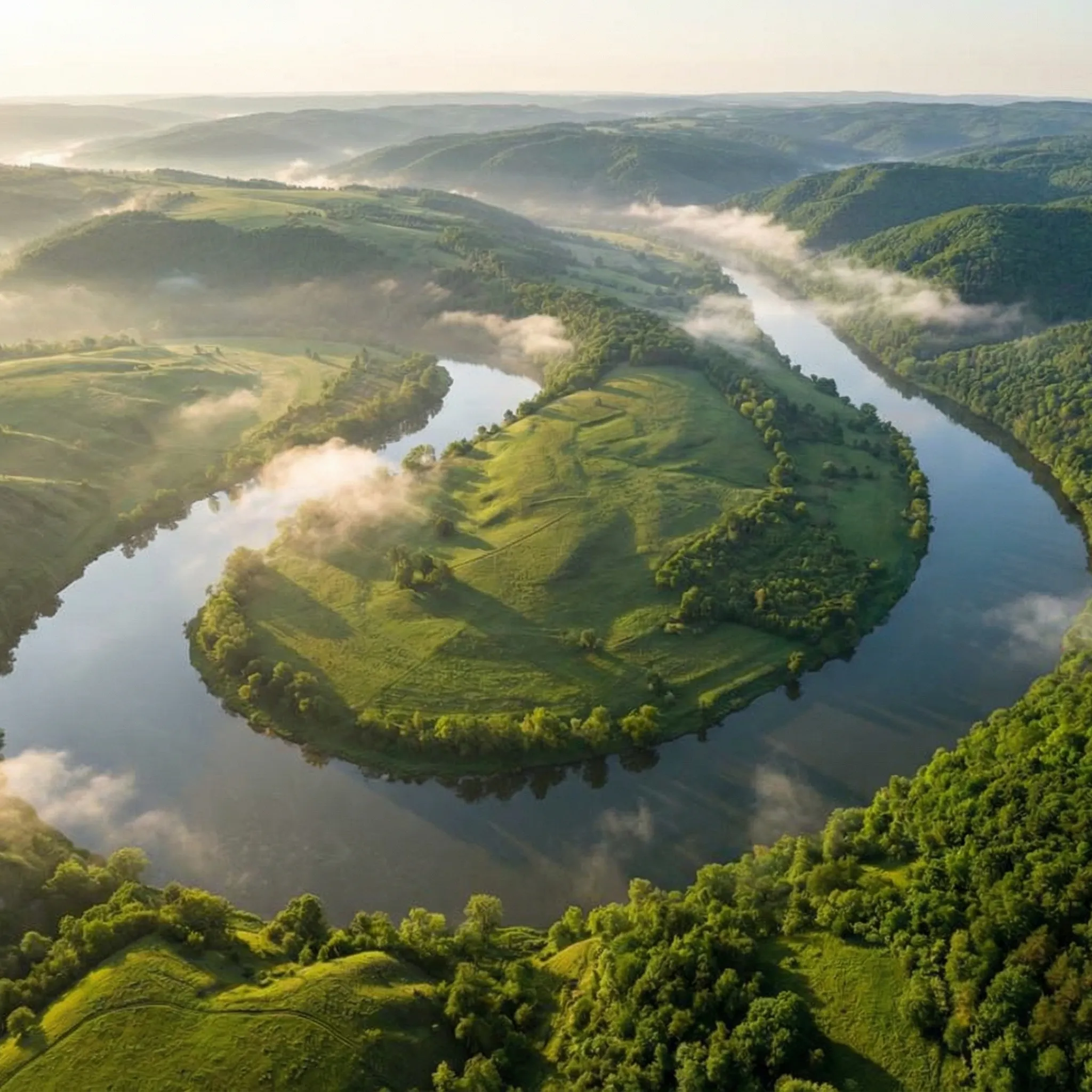 Aerial view of winding river and green hills