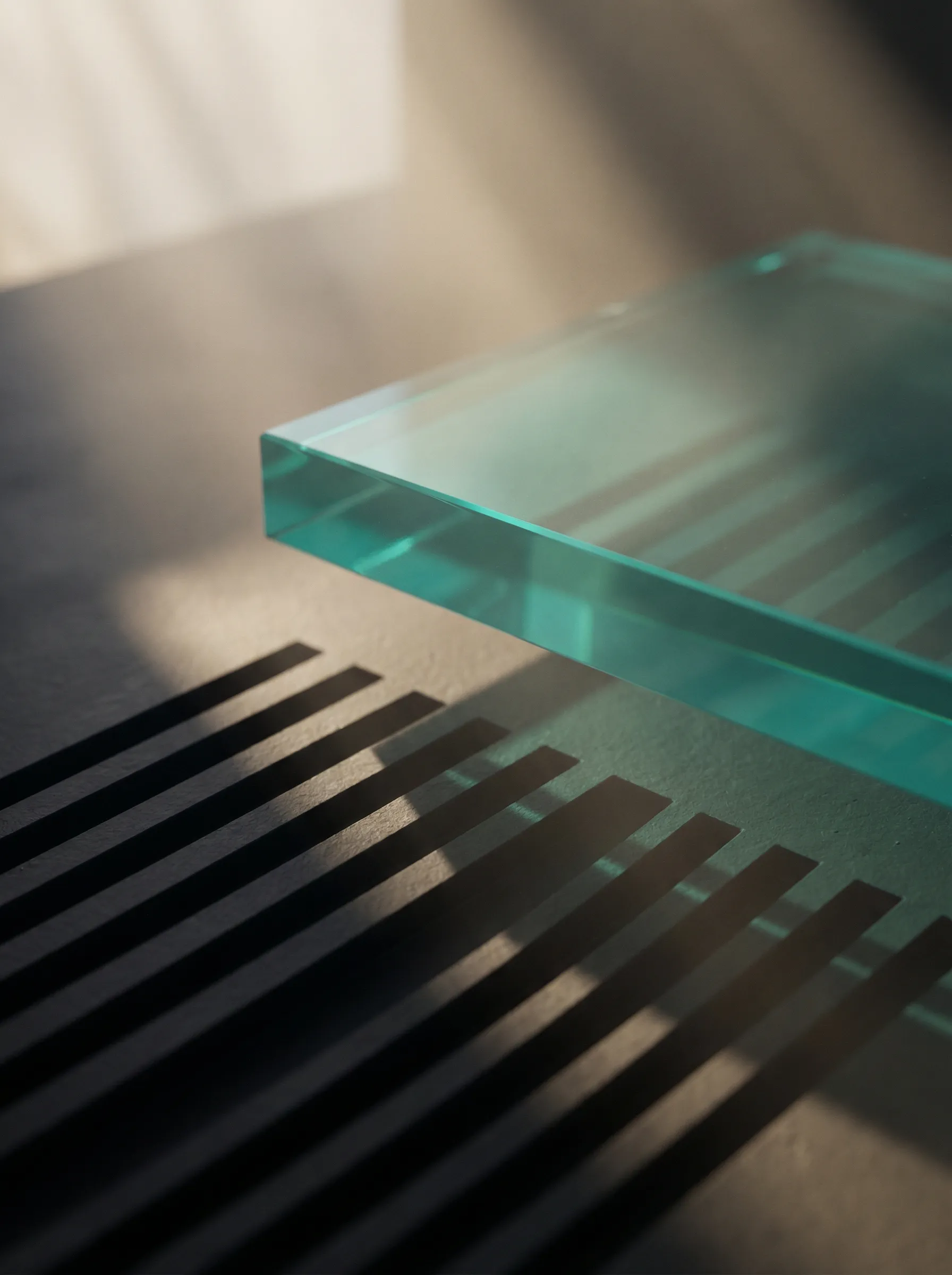 Minimalist glass panel with abstract shadows