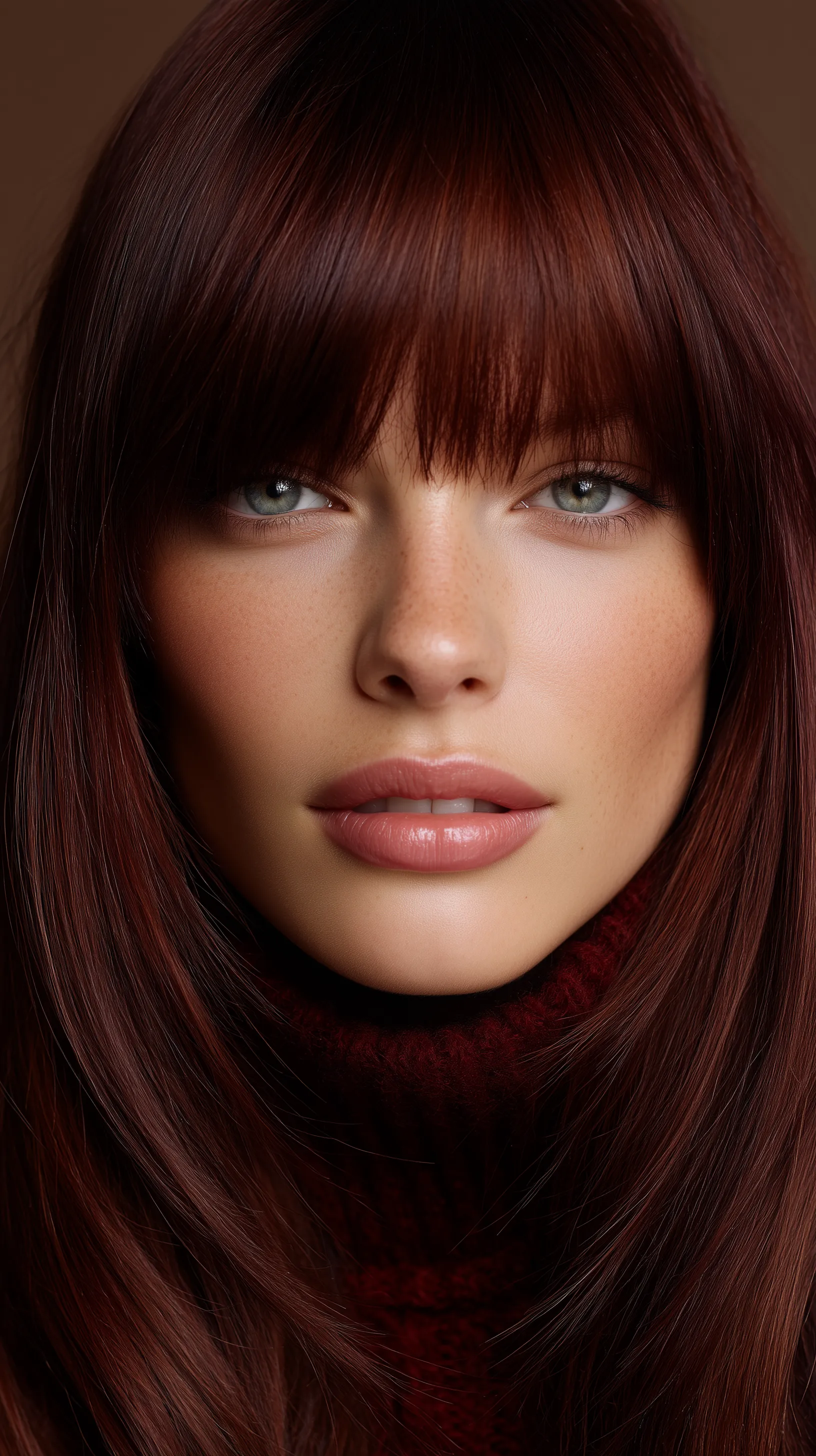 Close-up portrait with auburn hair and bangs