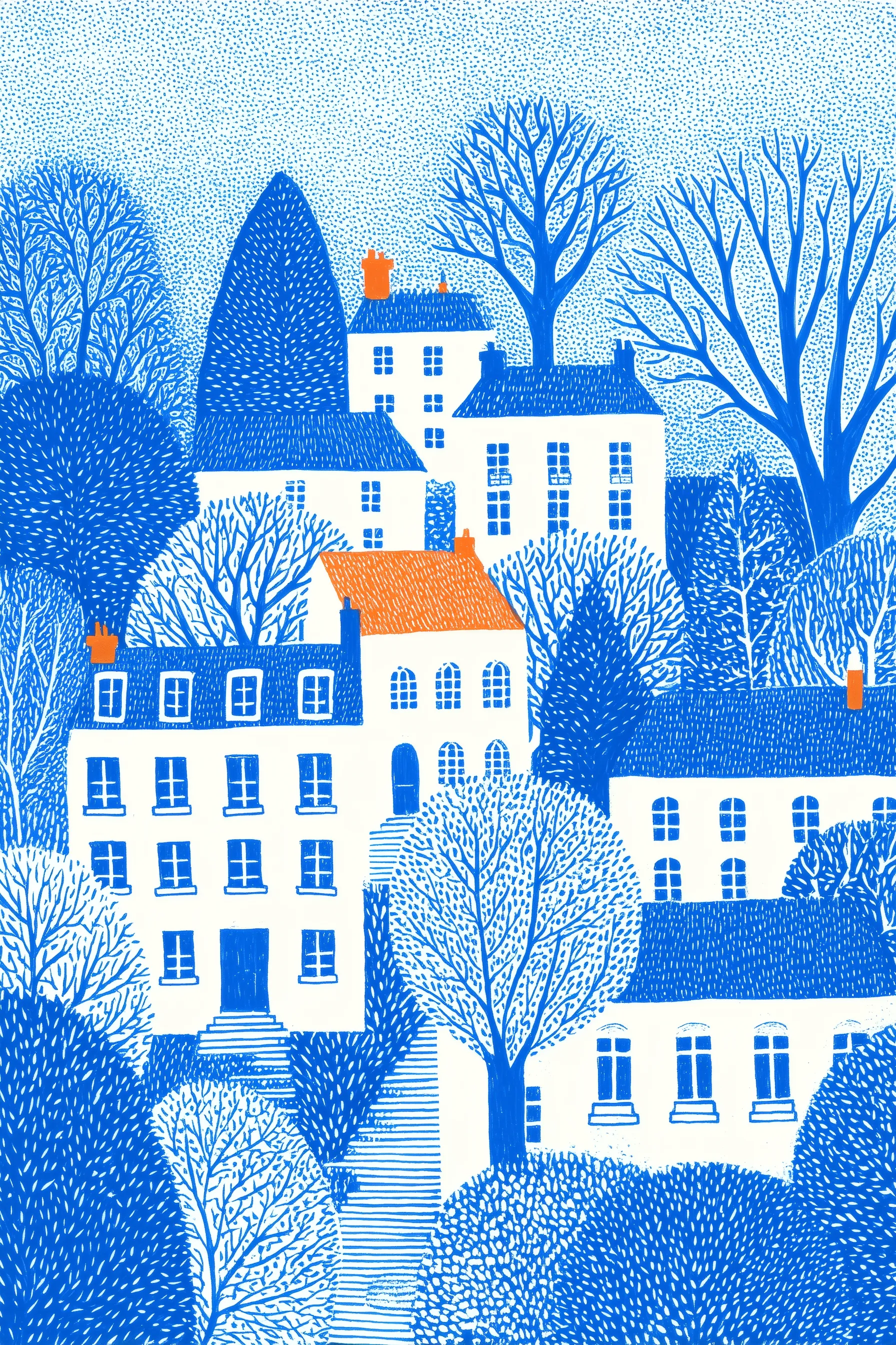 Whimsical Blue Village Among Trees
