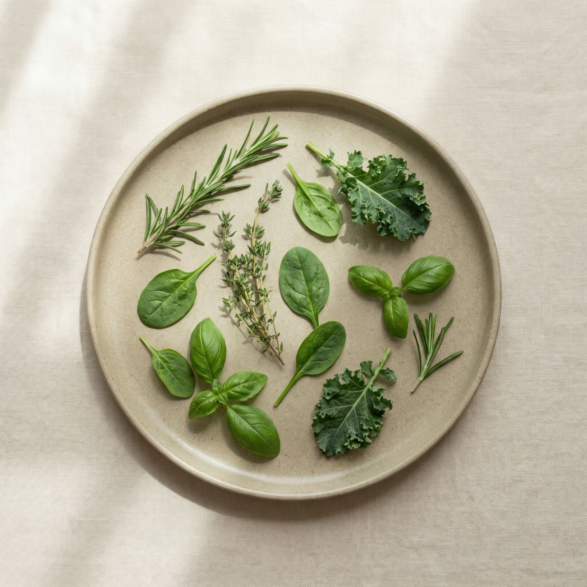 Fresh Green Herbs on Neutral Ceramic Plate