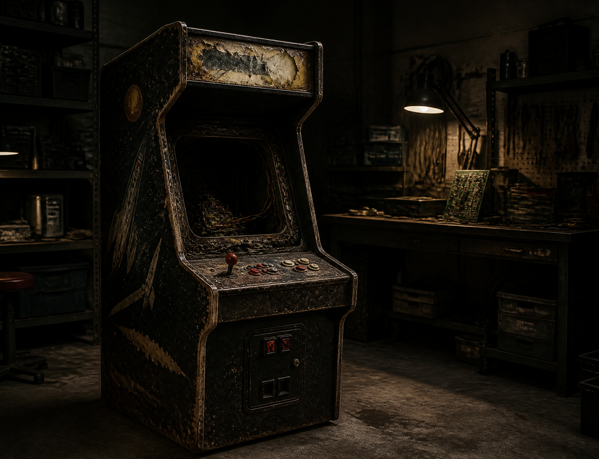 A damaged vintage arcade cabinet waiting in a dark restoration workshop