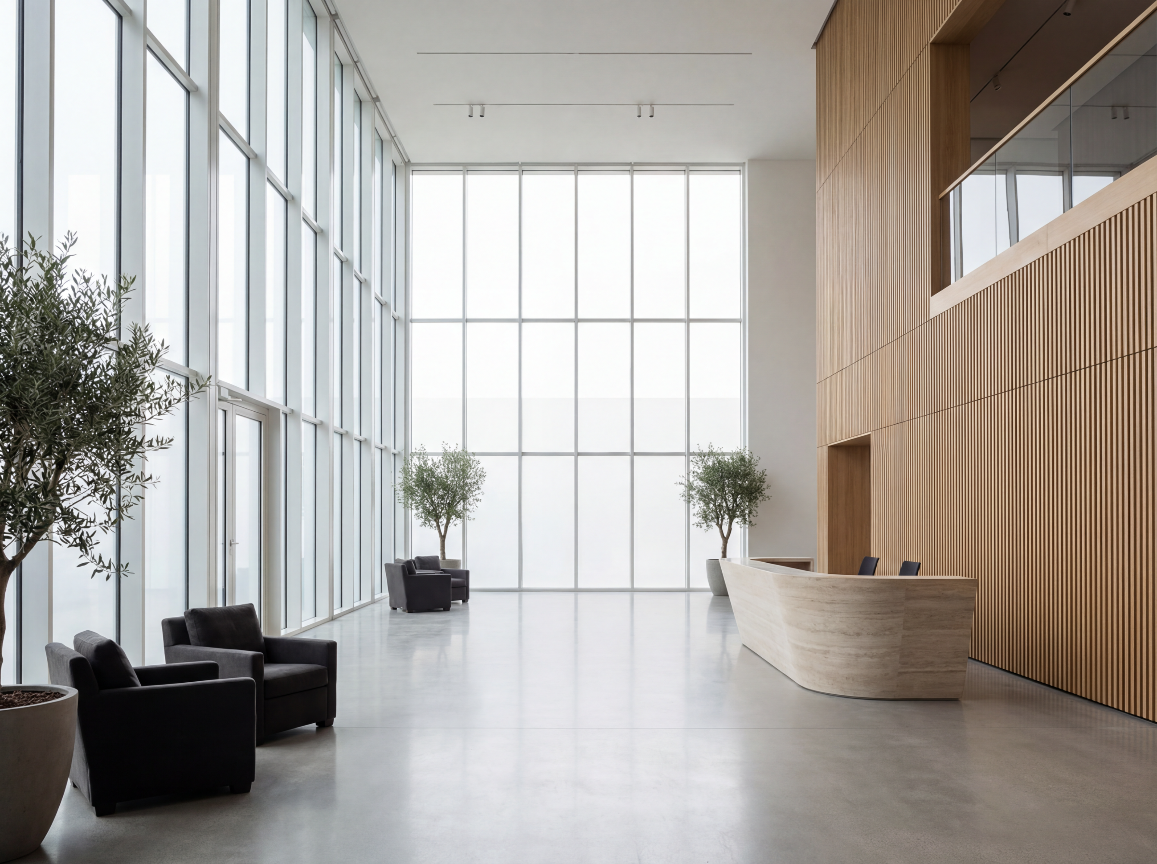 Minimalist lobby with tall windows and reception
