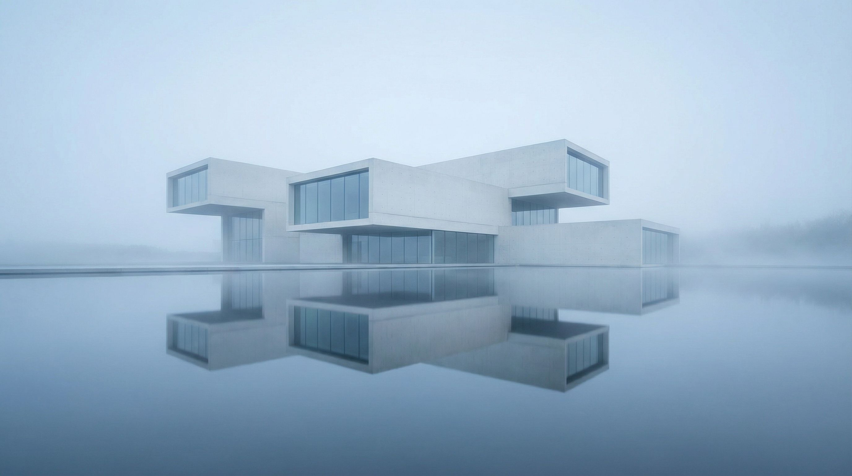 Futuristic concrete building over still water