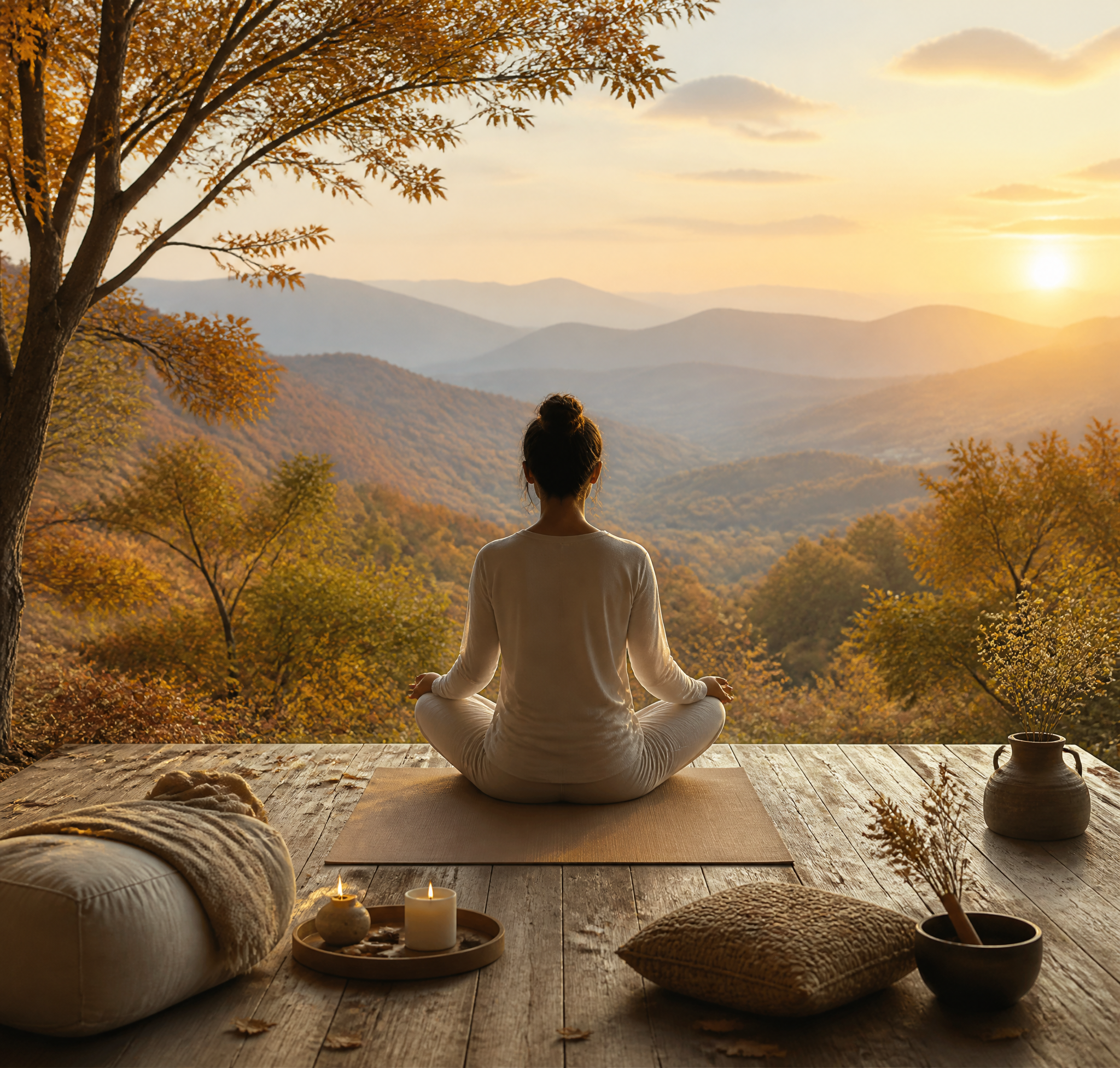 Meditation at Sunset Over Autumn Mountains
