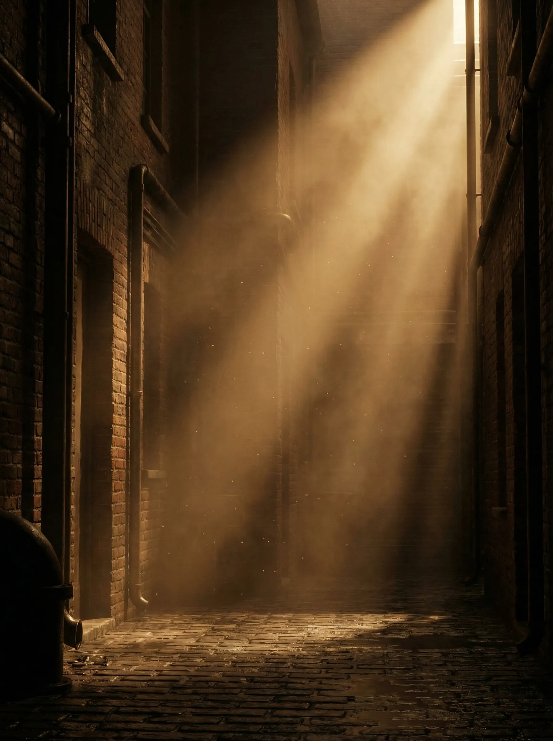 Sunbeams in a dusty brick alleyway