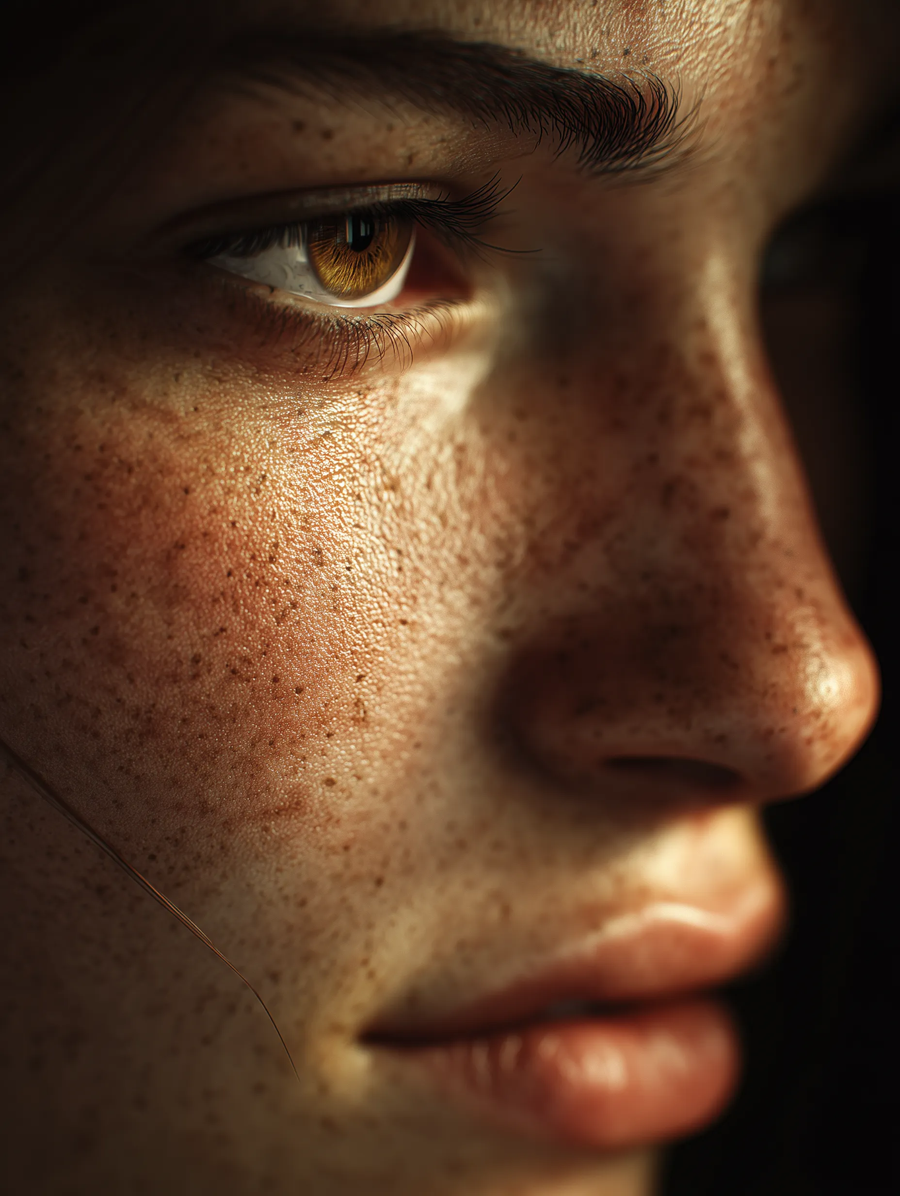 Macro Portrait of Freckled Skin and Amber Eye