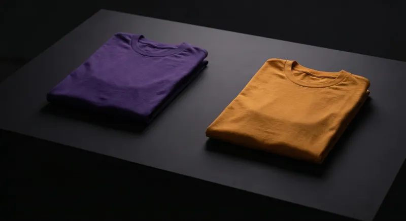Folded purple and mustard t-shirts on dark table