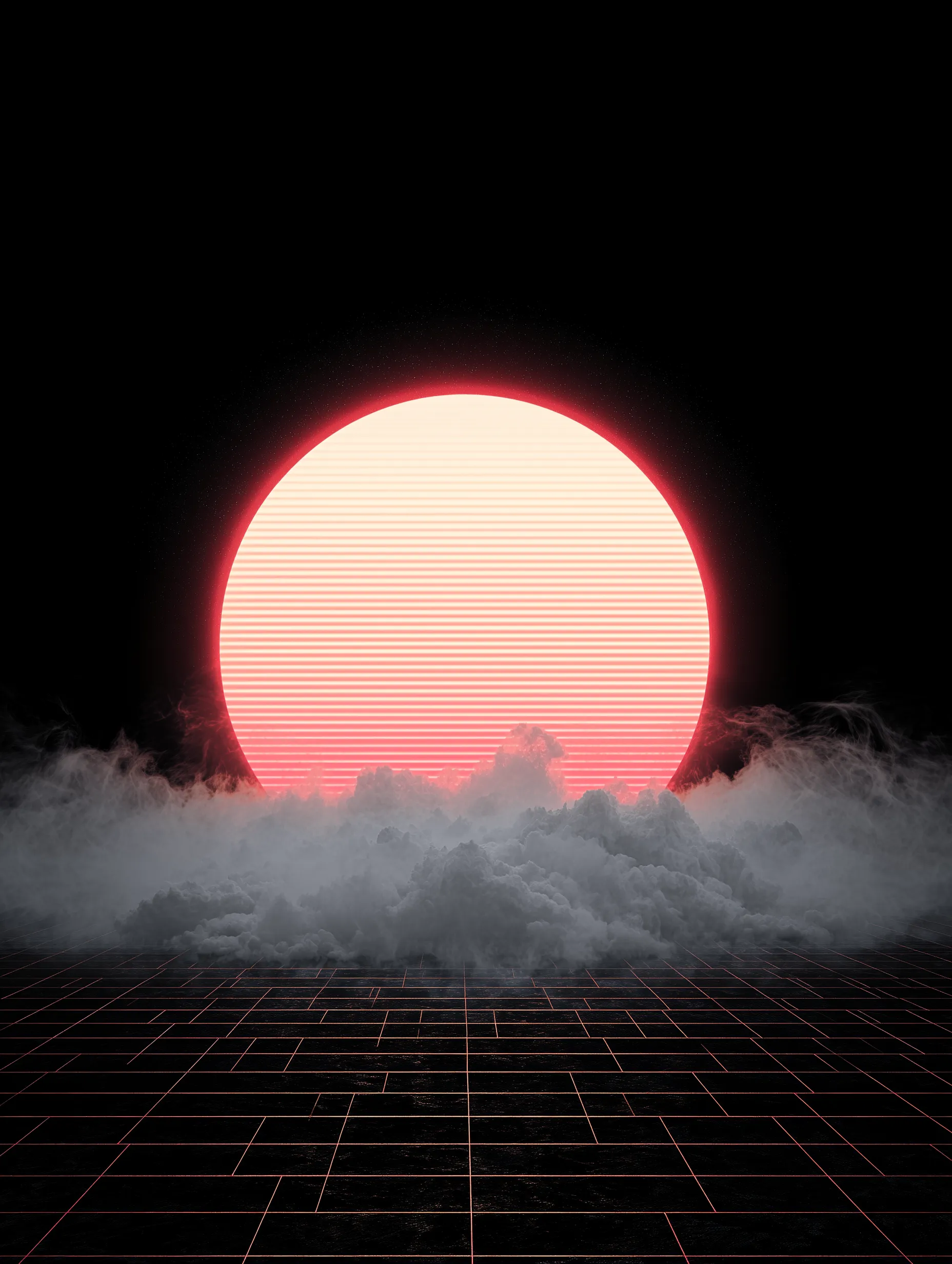 Retro Synthwave Sun with Neon Grid and Clouds