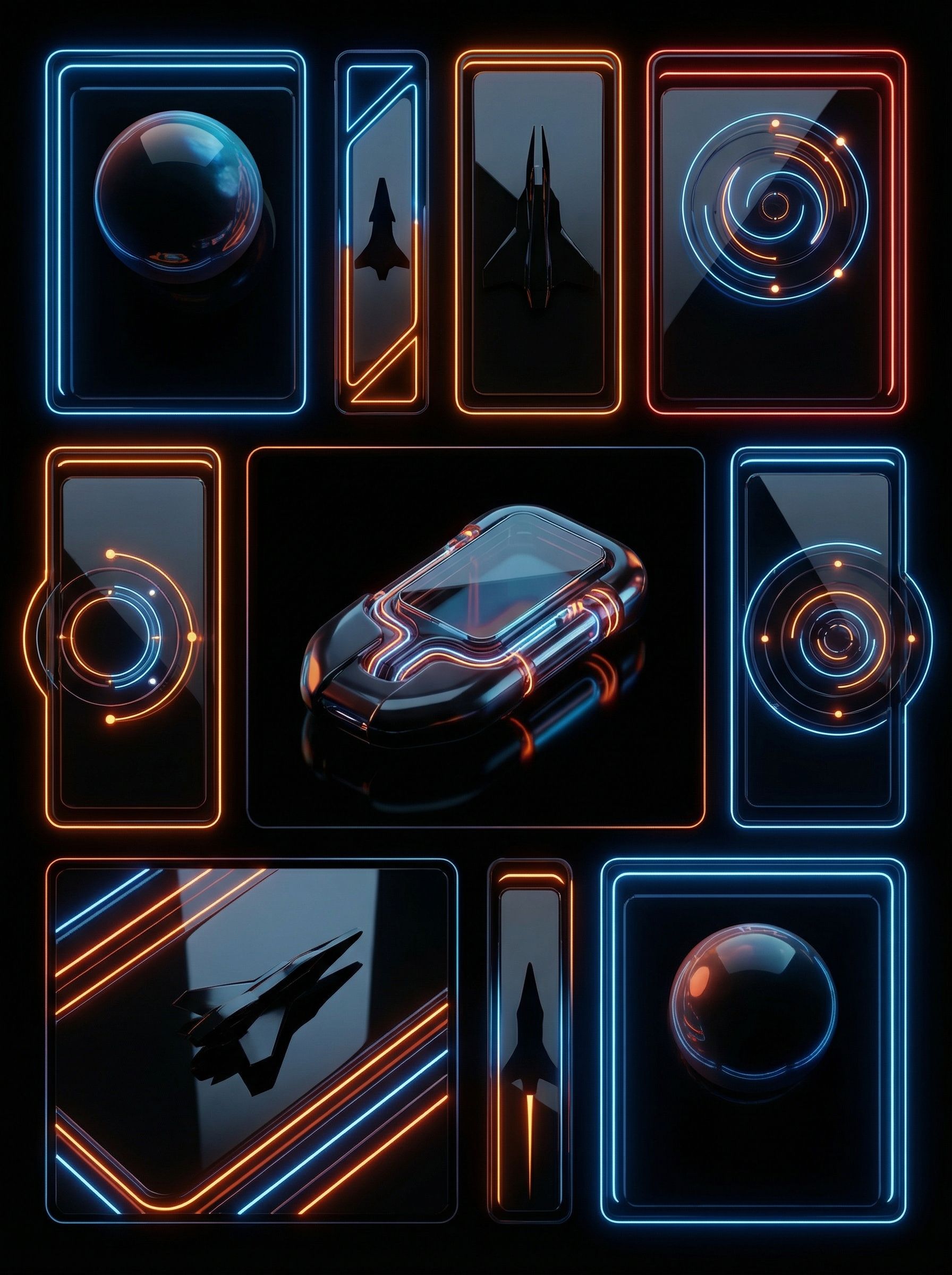 Futuristic neon interface with 3D tech objects