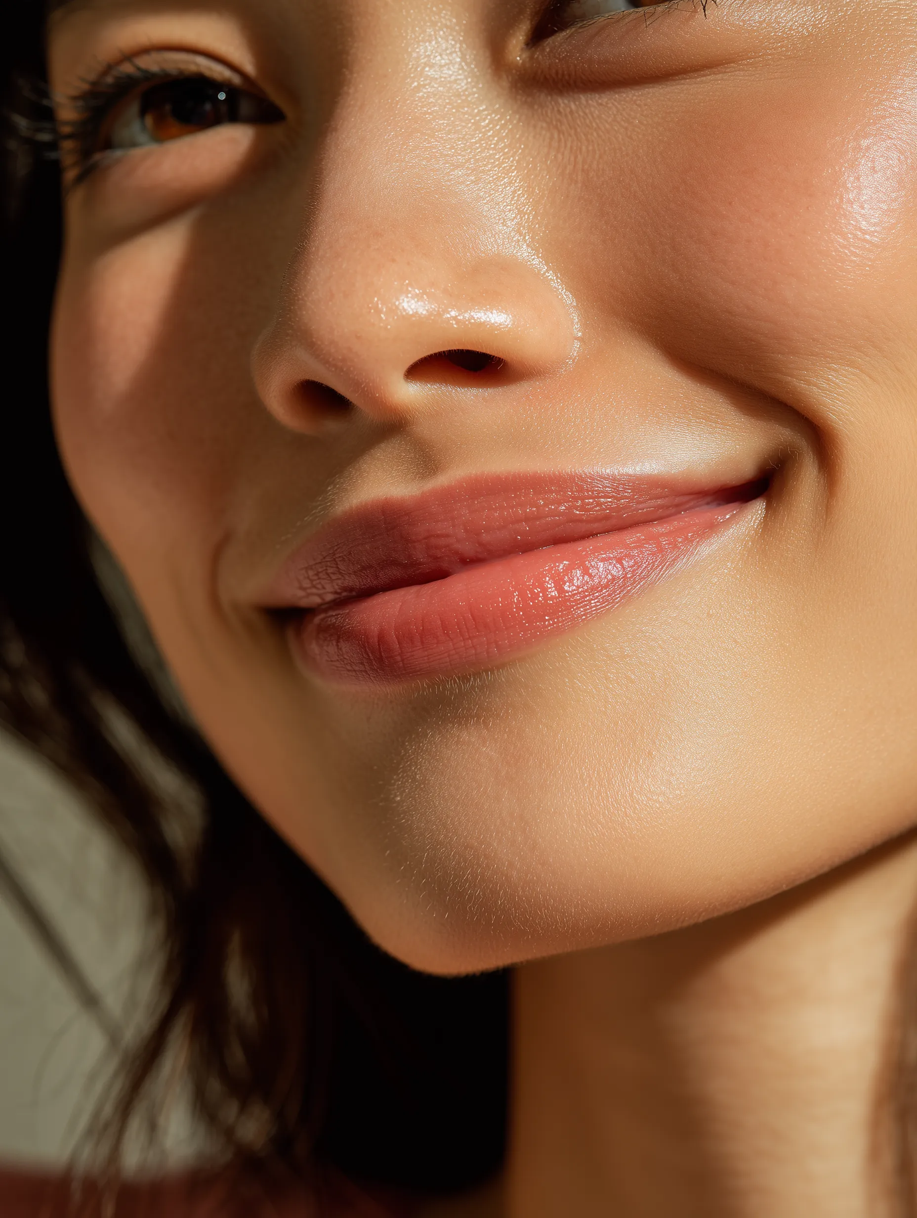 Close-up of smiling woman's face in sunlight