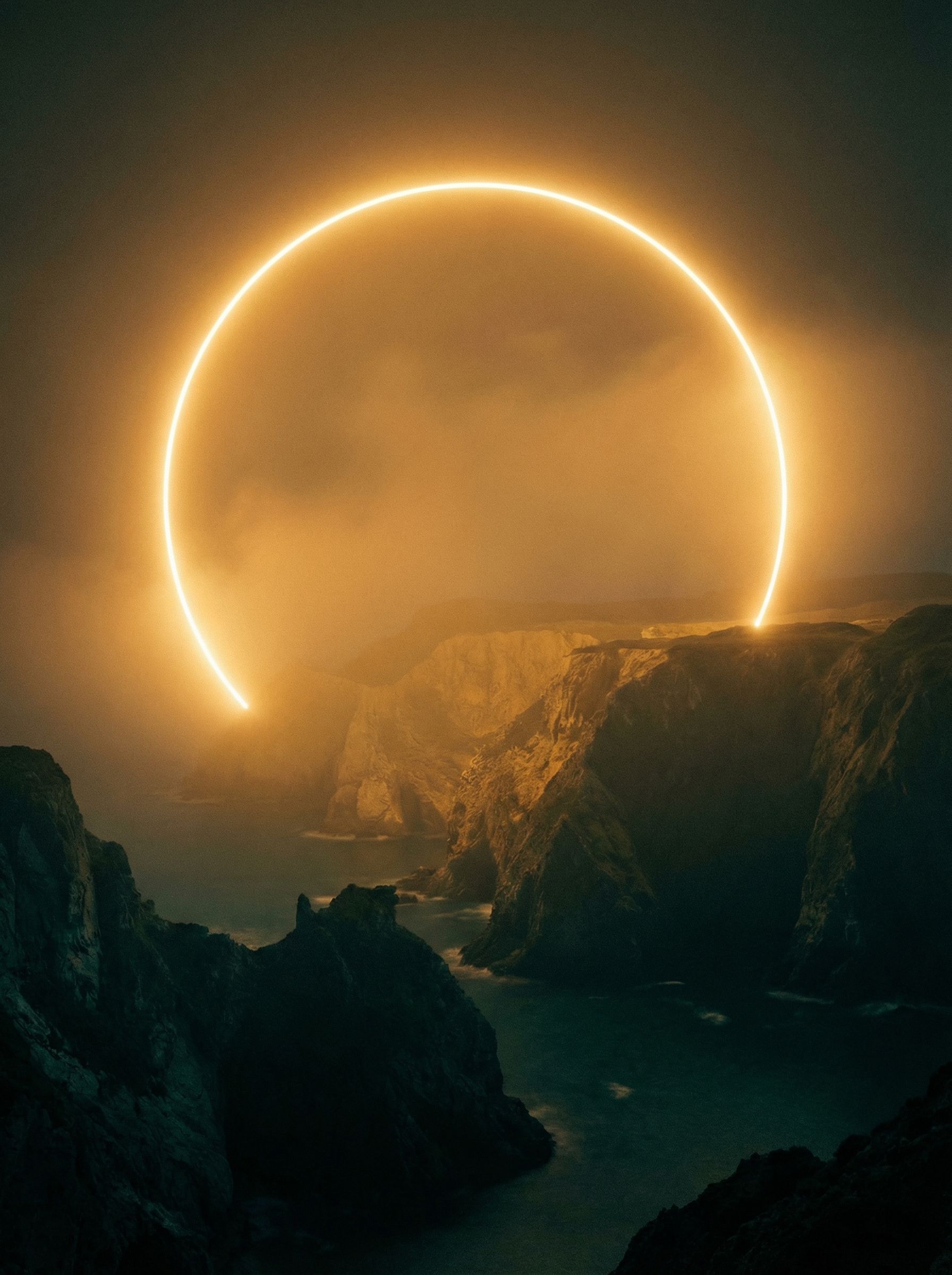 Glowing Arc Above Misty Coastal Cliffs