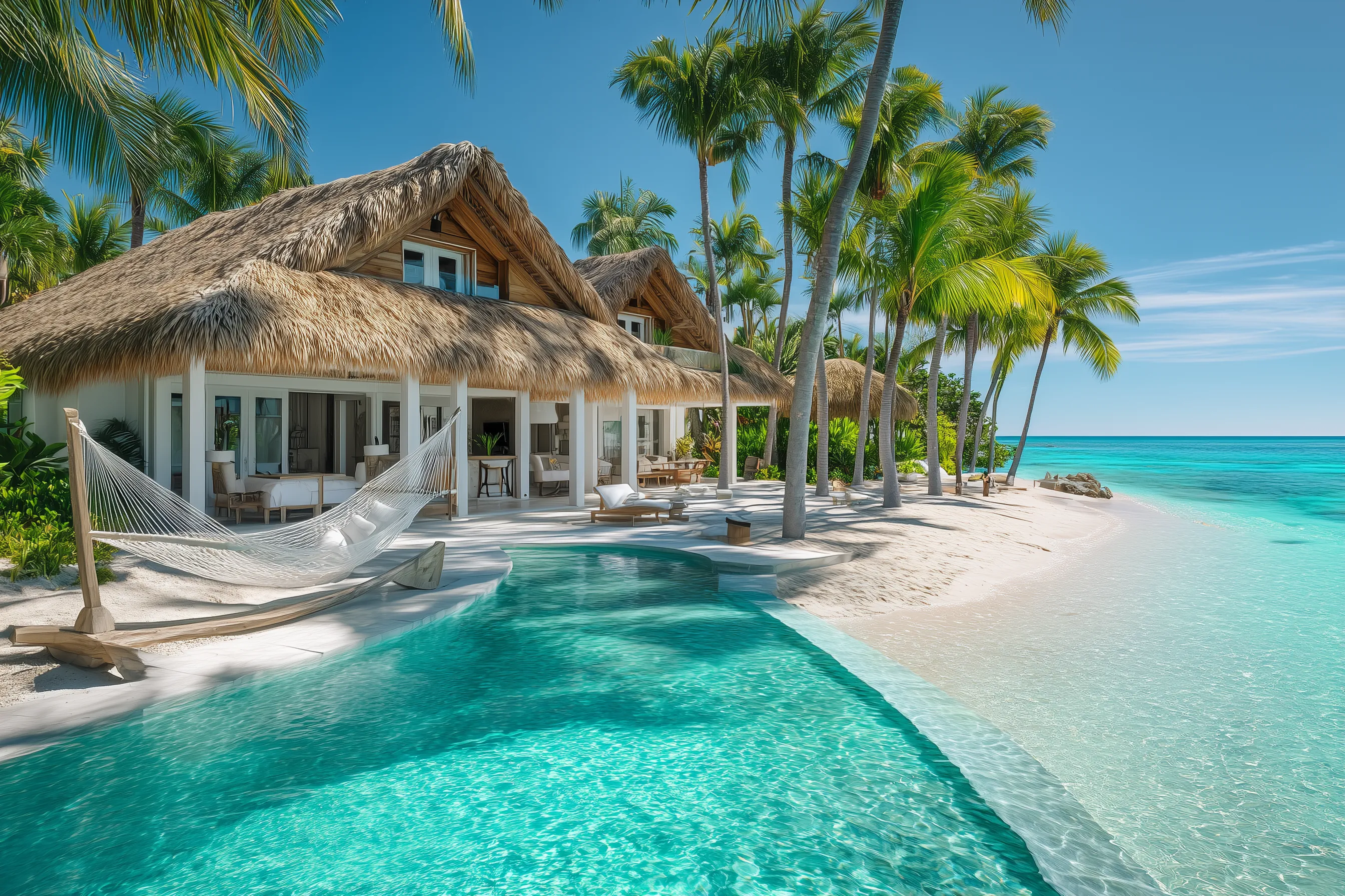 Luxury tropical beach villa with pool and hammock
