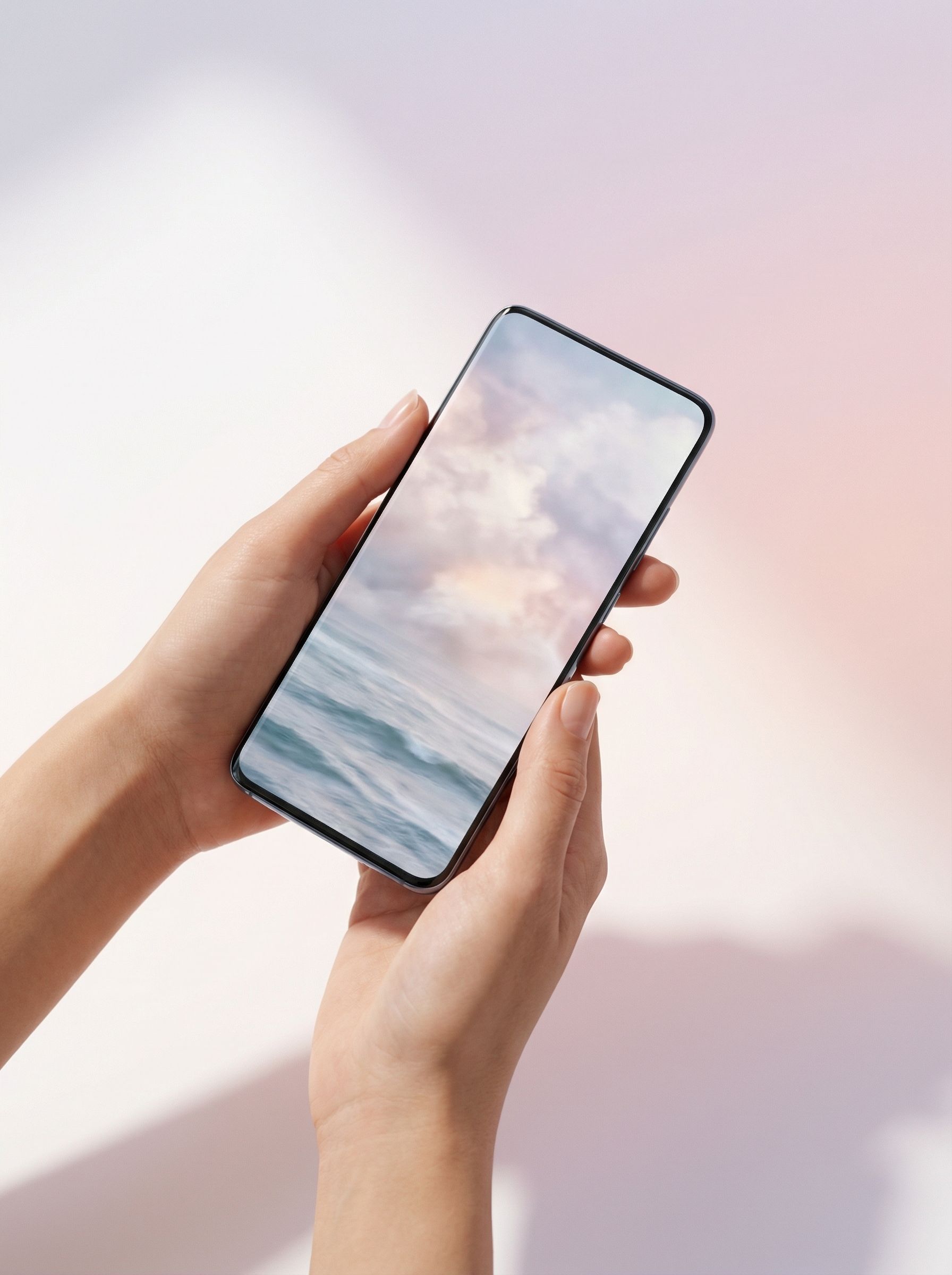 Hands holding smartphone with ocean wallpaper