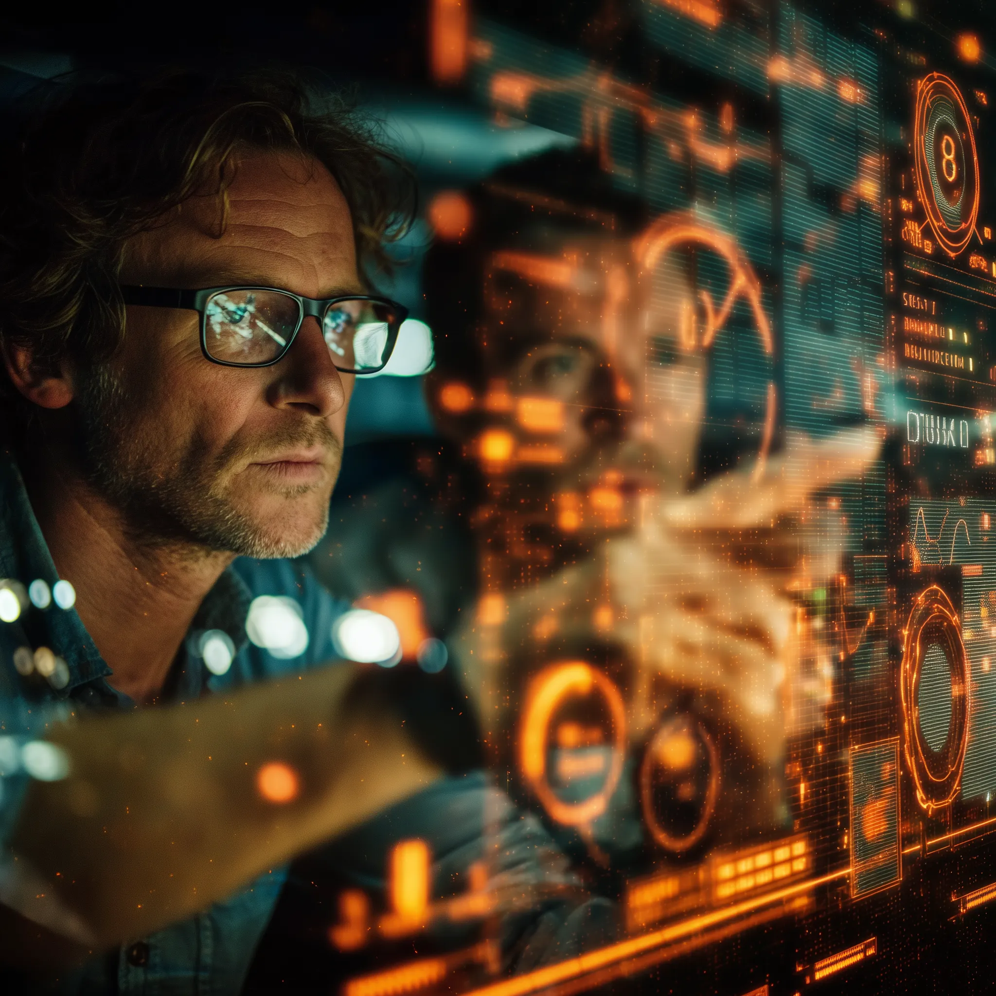 Engineer Analyzing Futuristic Holographic Dashboard