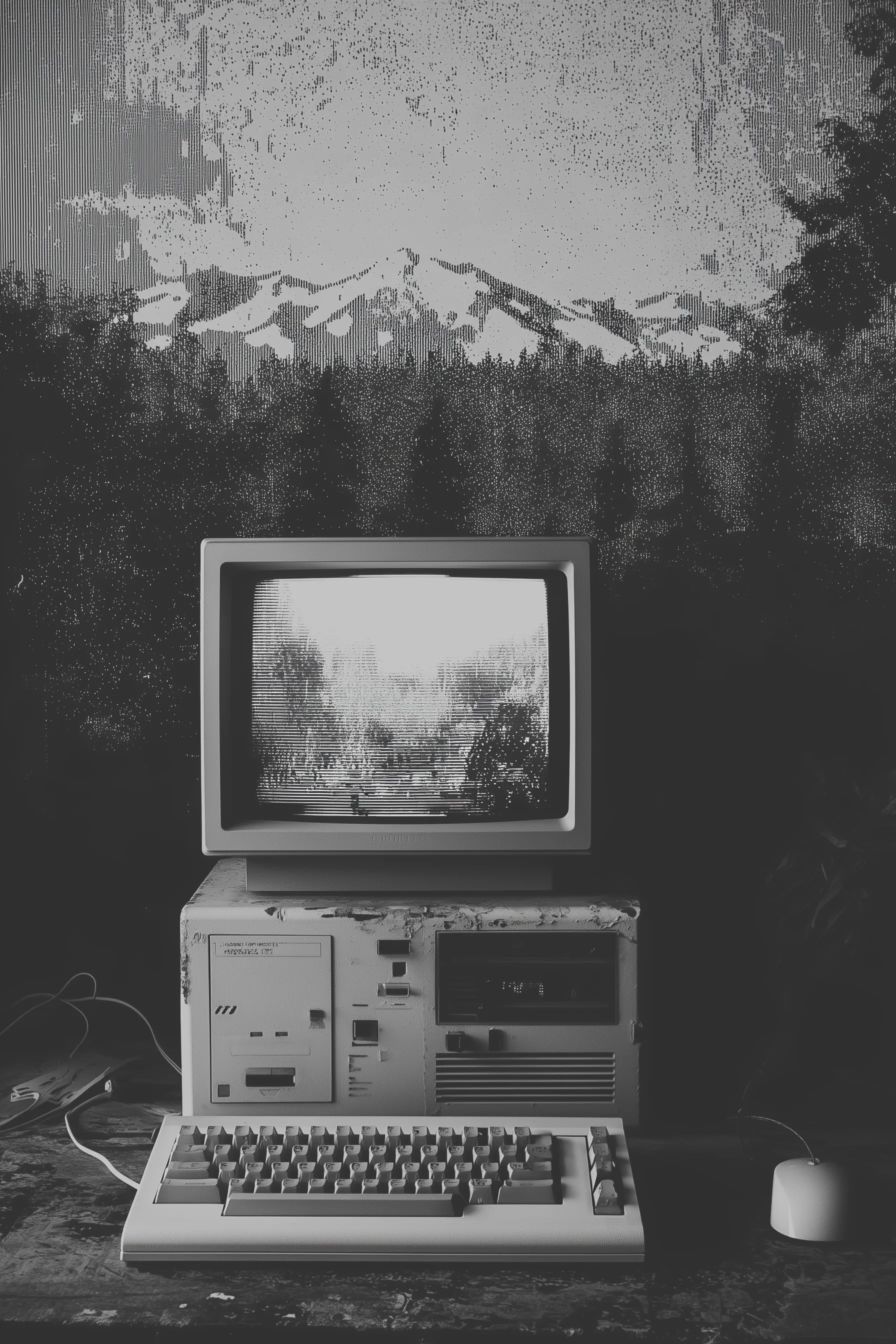 Retro computer with glitchy monochrome display