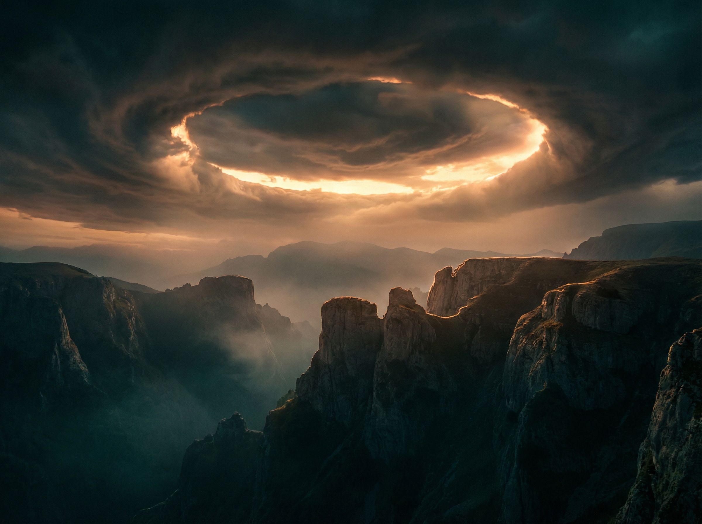 Dramatic ring of light over rugged mountains