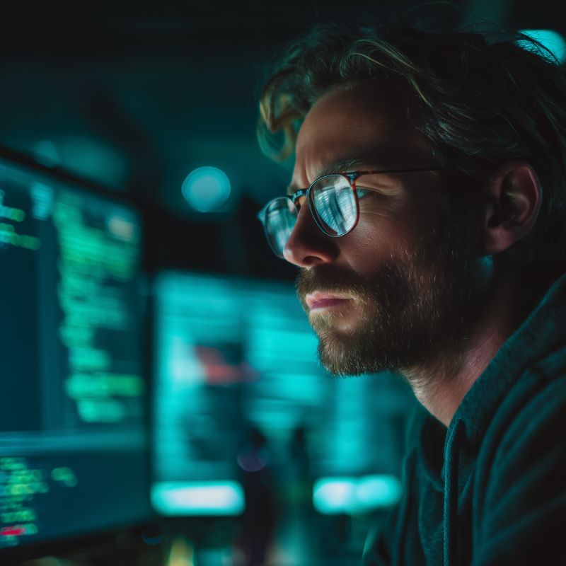 Focused developer at multi-monitor workstation