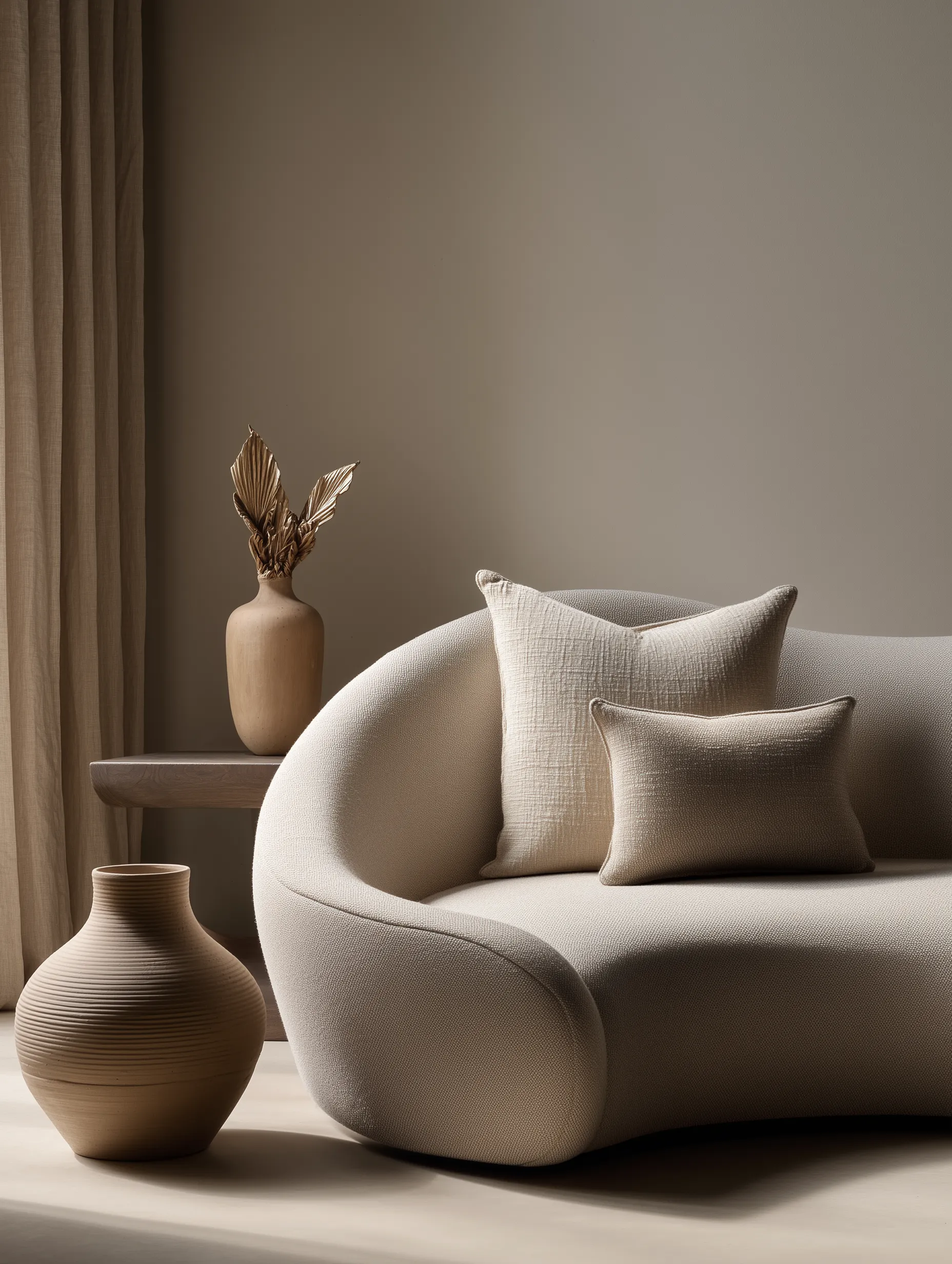 Minimalist neutral living room with curved sofa