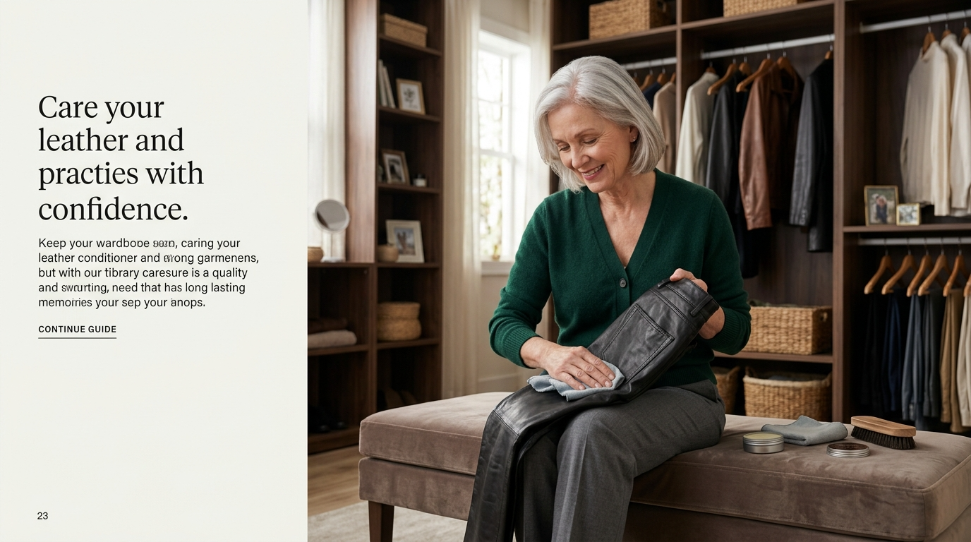 Older woman caring for leather pants in an elegant wardrobe setting