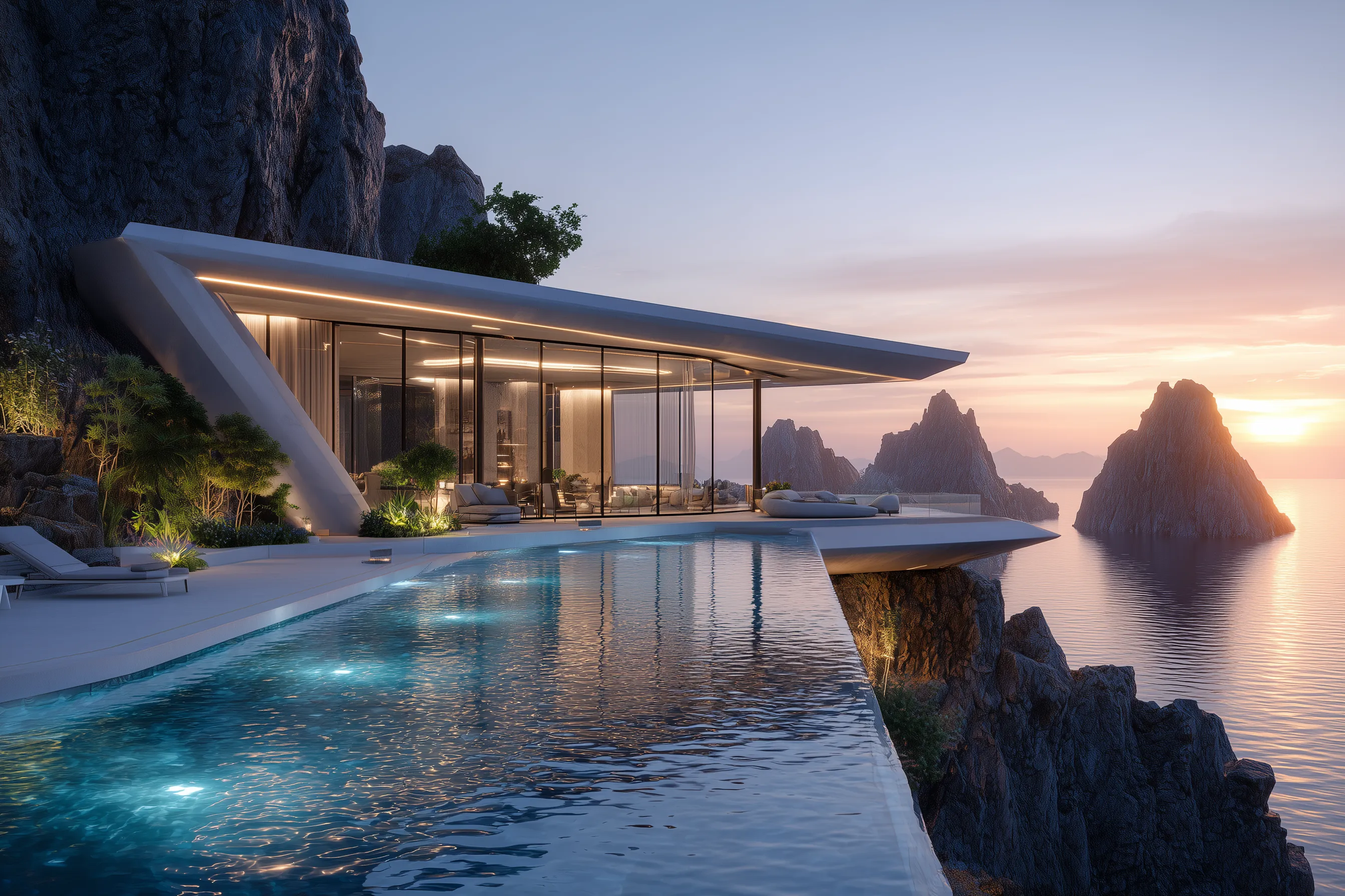 Modern cliffside villa with infinity pool at sunset