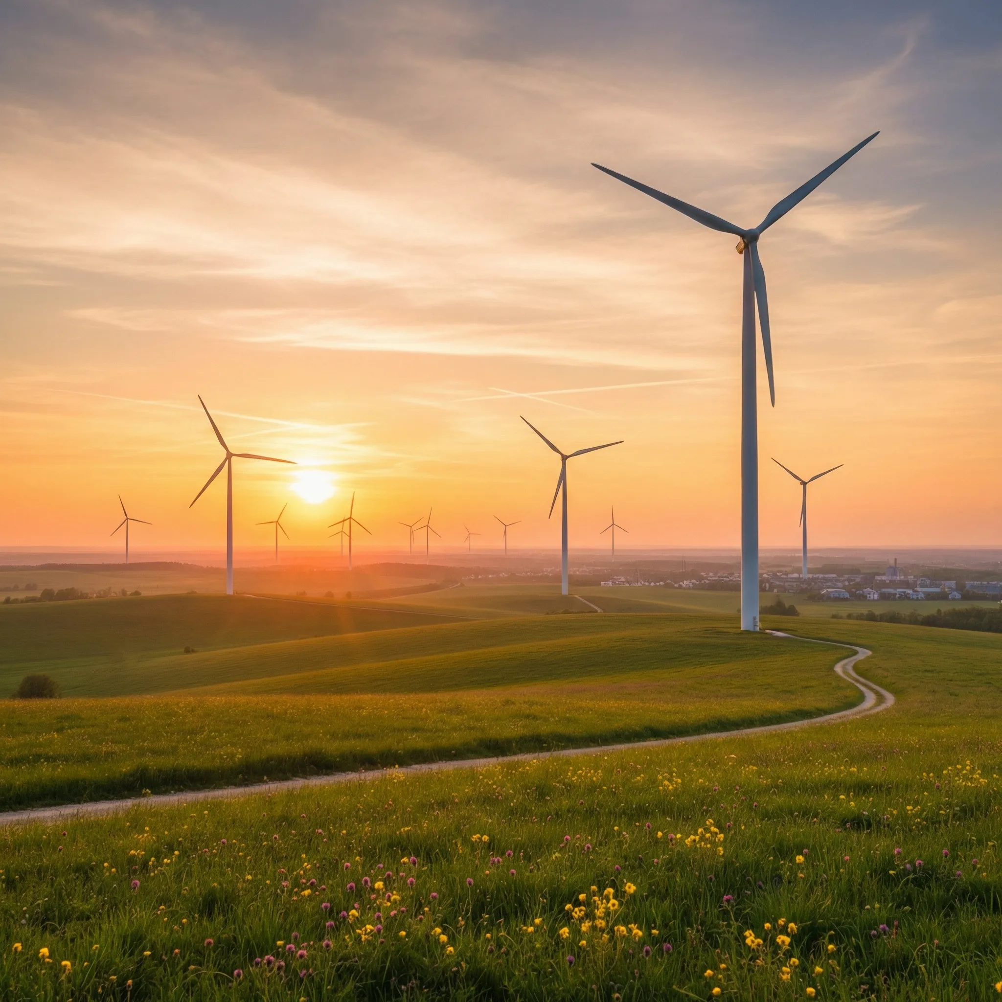 Wind turbines in sunset over green fields