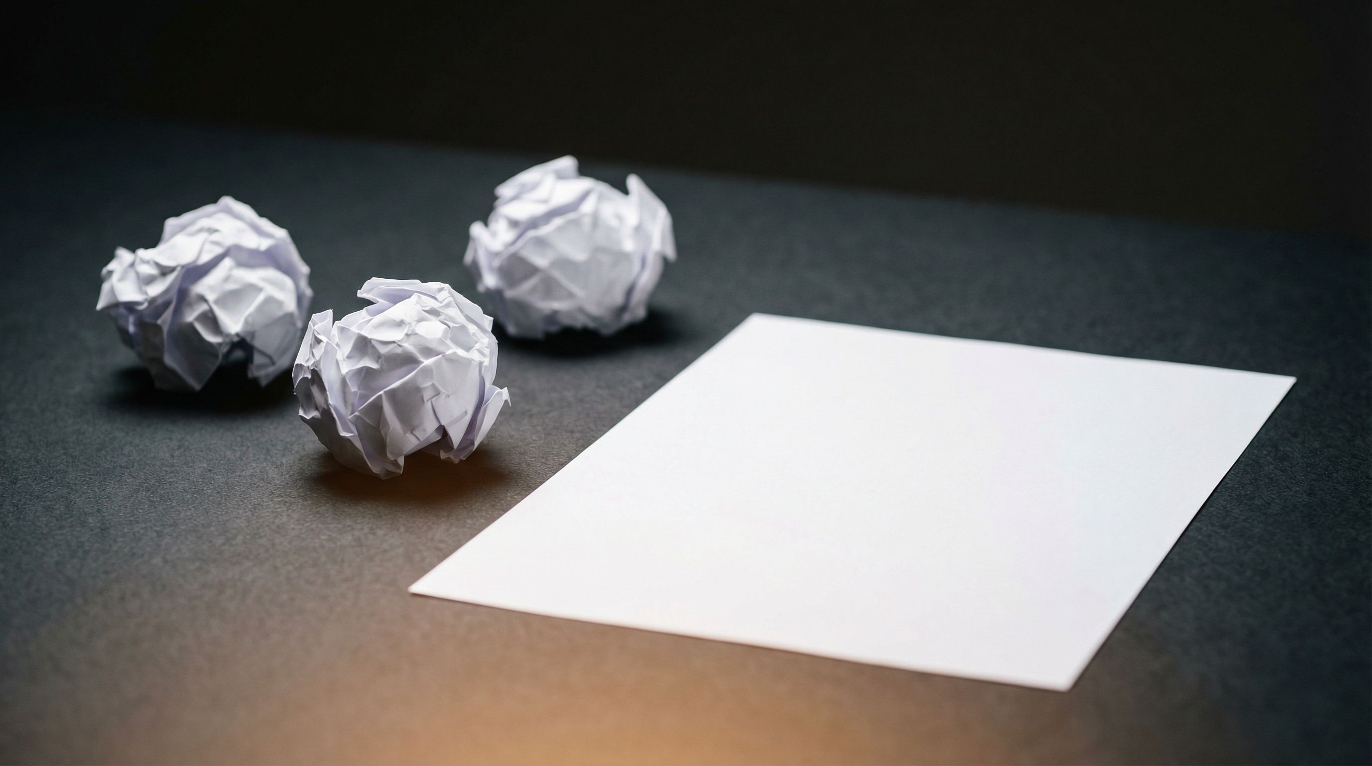 Blank sheet and crumpled paper balls on desk
