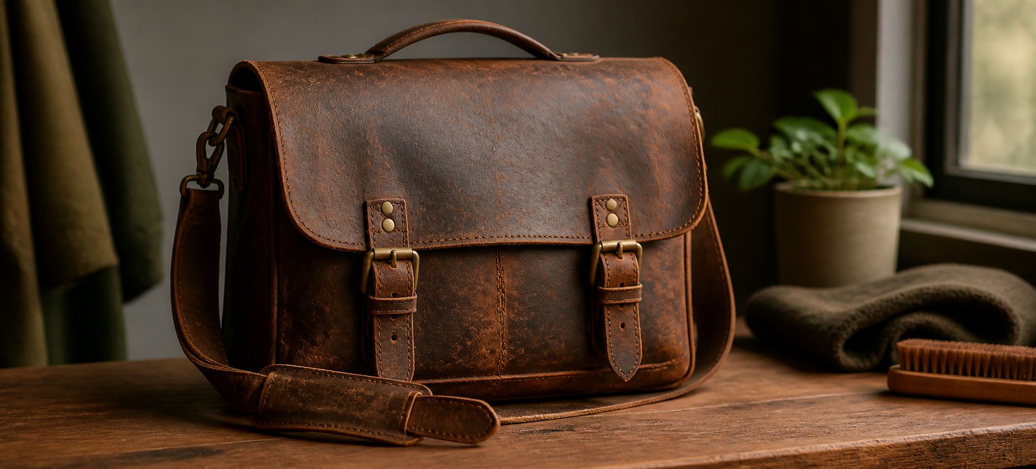 Weathered leather satchel with visible patina and worn edges