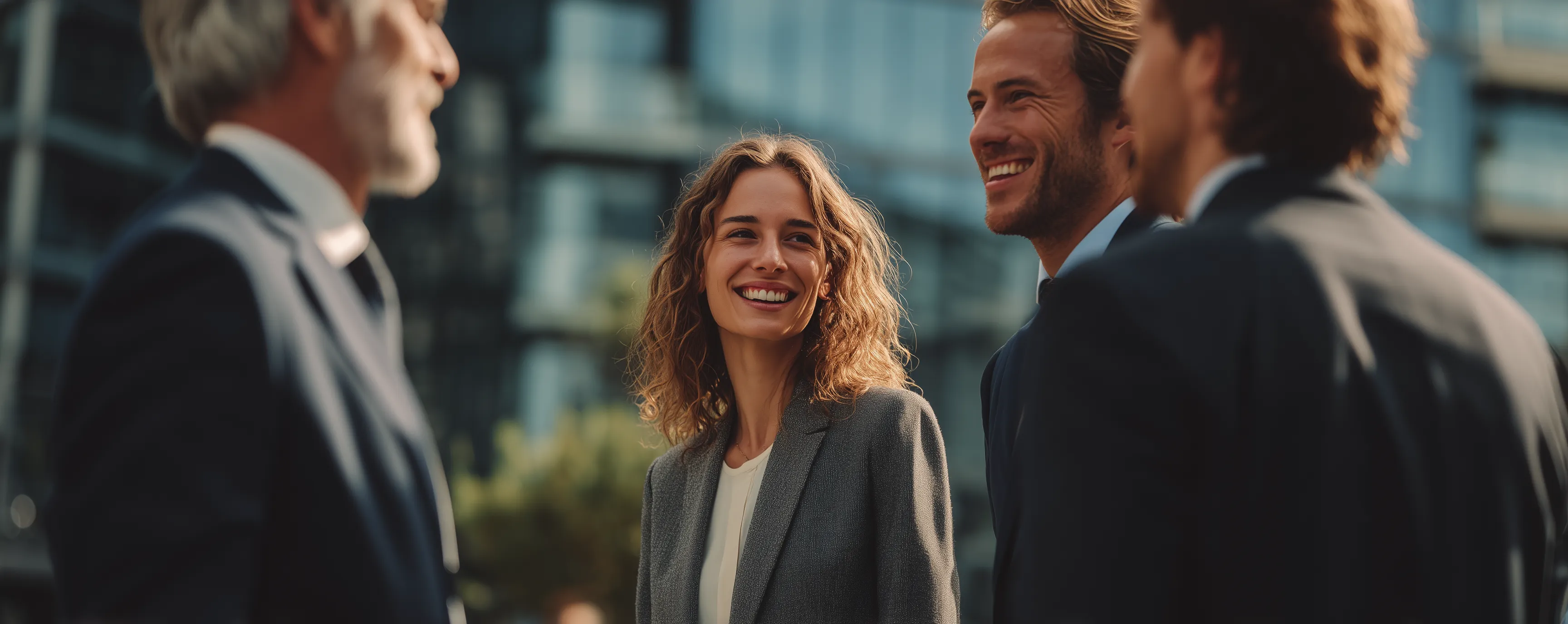 Smiling business team talking outdoors