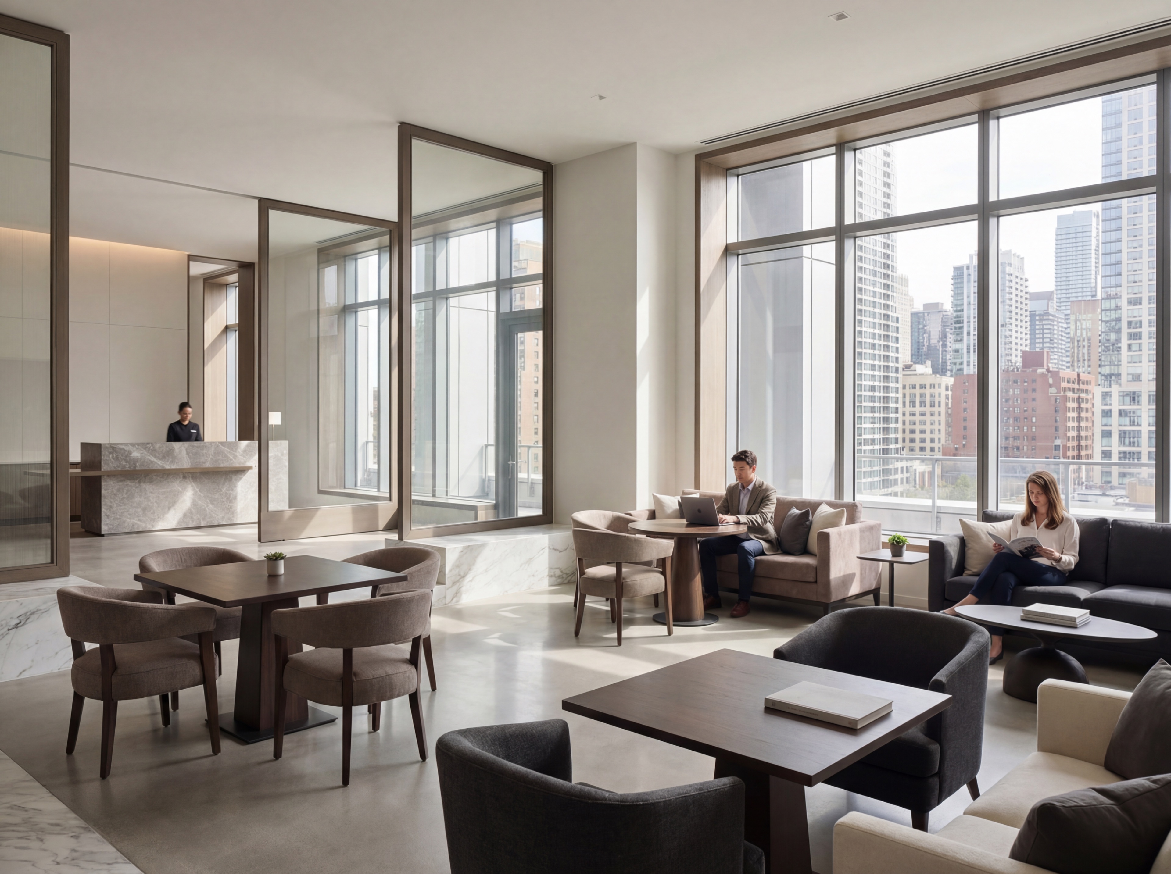 Modern lounge with city view and professionals