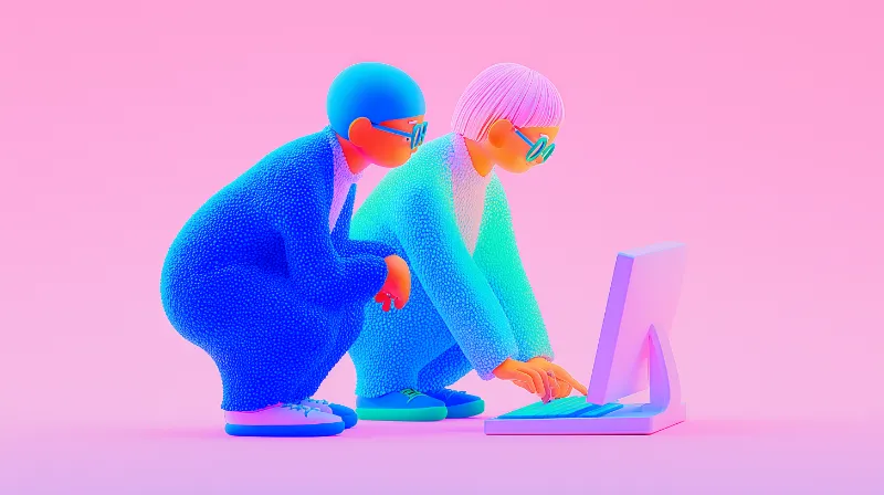 Neon 3D duo collaborating at a computer