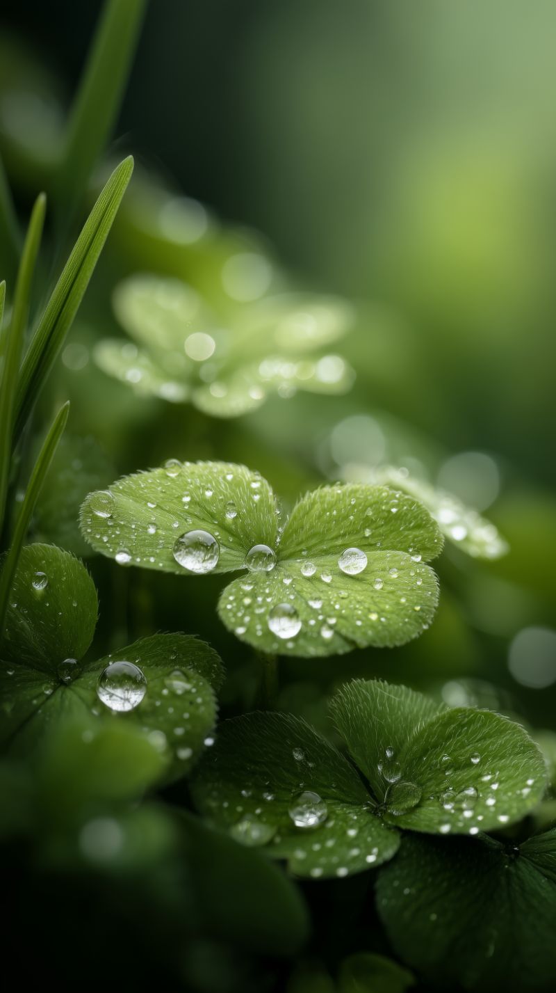 Water Droplets on Clover Leaves in Soft Bokeh