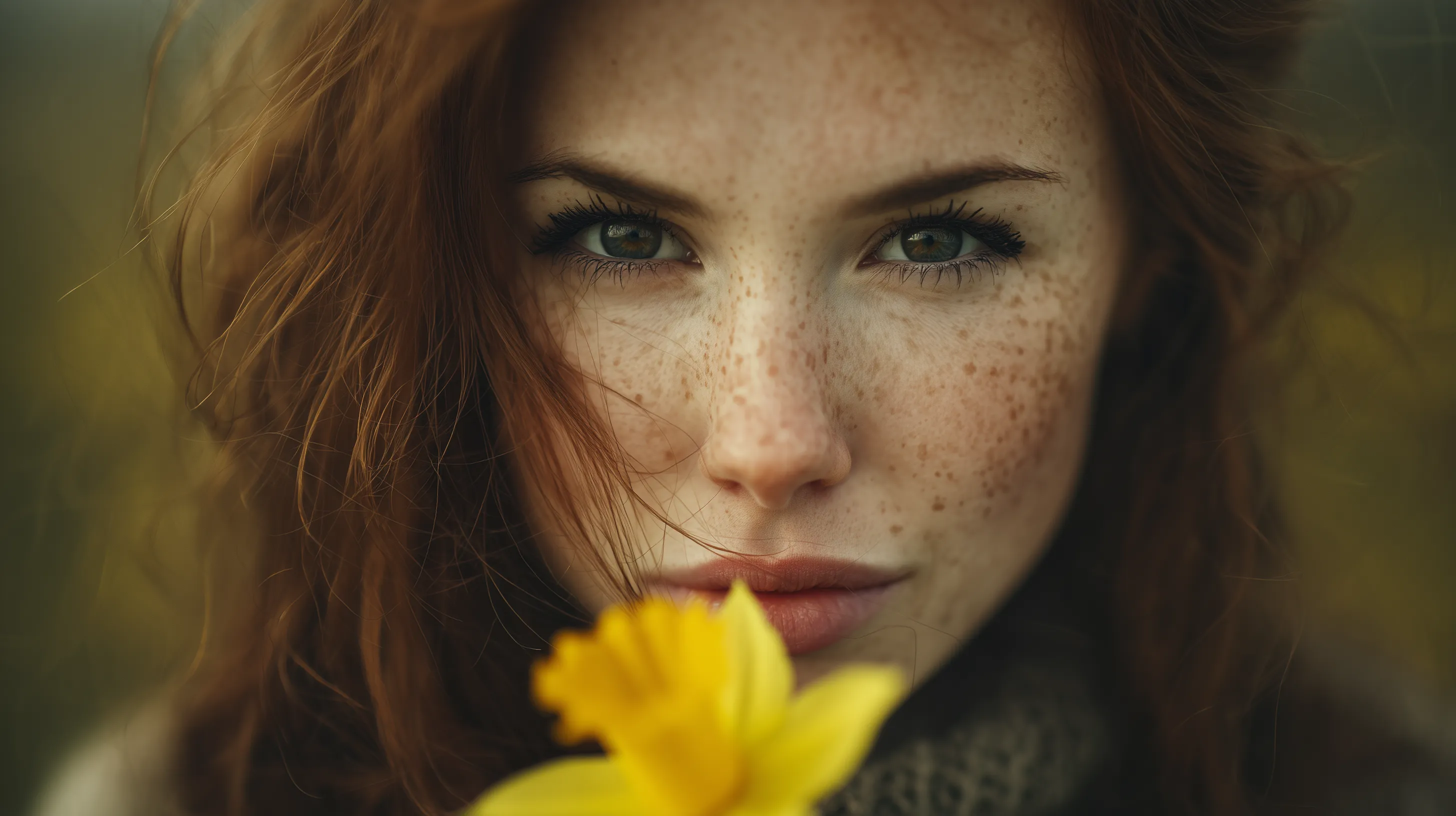 Freckled Redhead Portrait with Yellow Flower